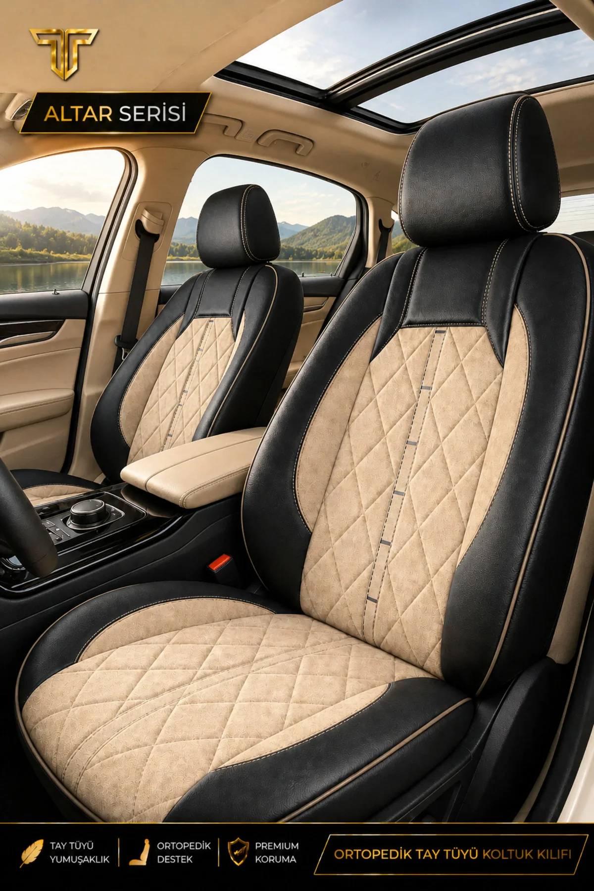 Volvo S80 2018 ve Sonrası Uyumlu Altar Serisi Tay Tüyü Bej Siyah Premium Koltuk Kılıfı