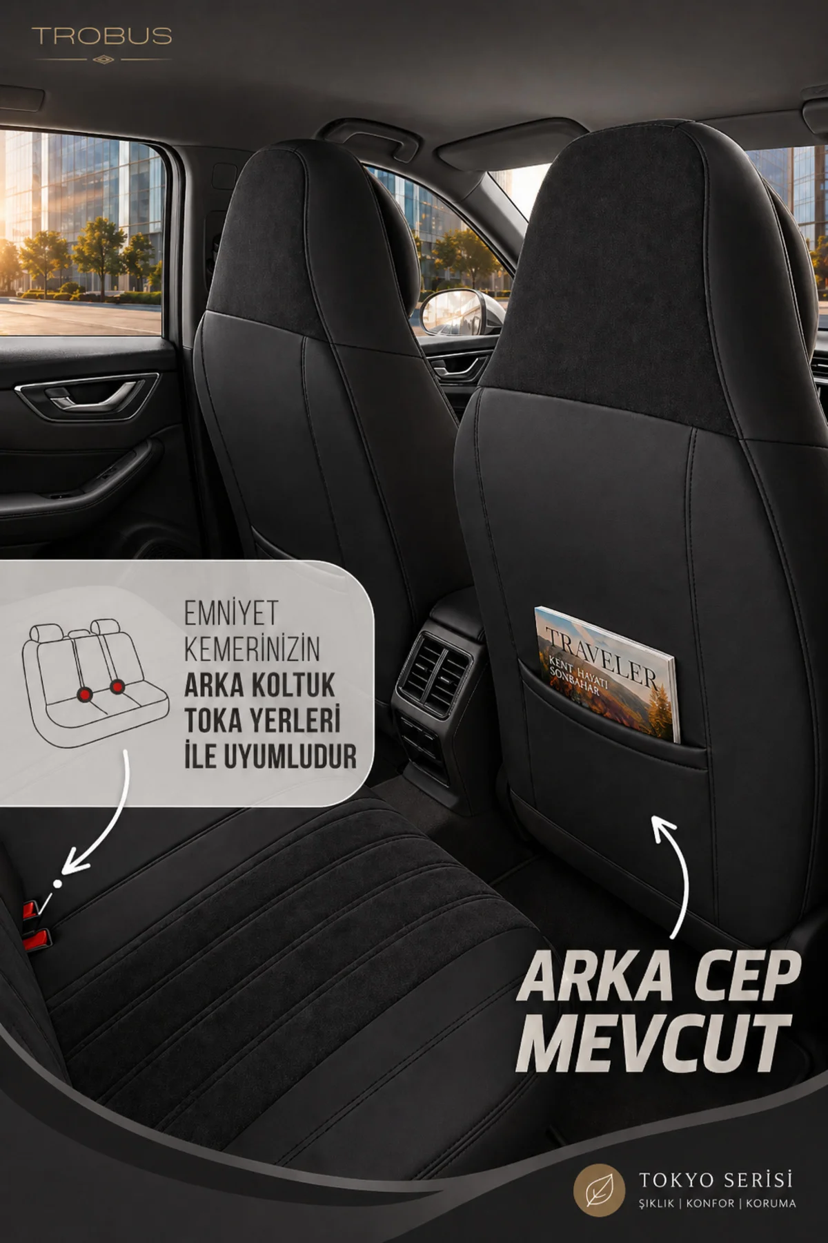 Volvo S80 2018 ve Sonrası Bel Destekli Tay Tüyü Koltuk Kılıfı Tokyo Serisi Gri Siyah