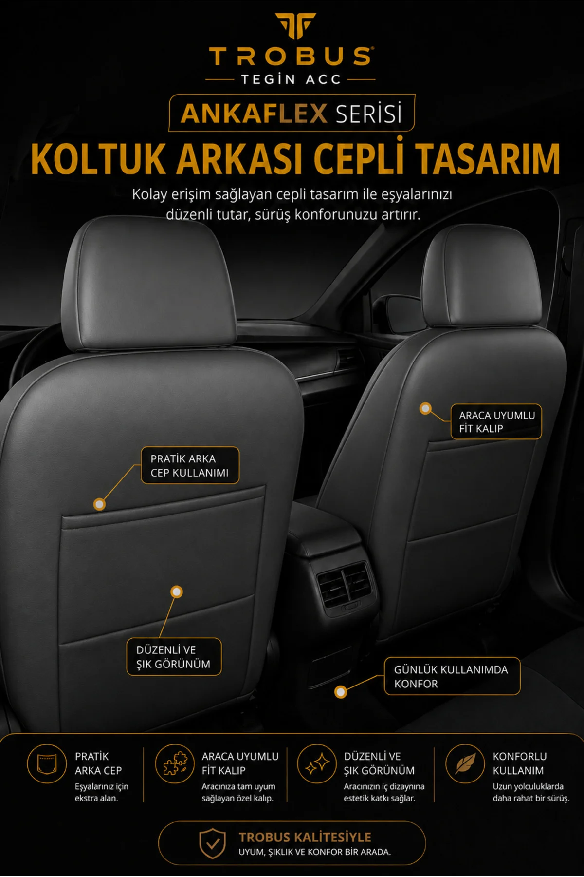 Volvo S80 2018 ve Sonrası Uyumlu ANKAFLEX Bel Destekli Keten Deri Gri Siyah Koltuk Kılıfı