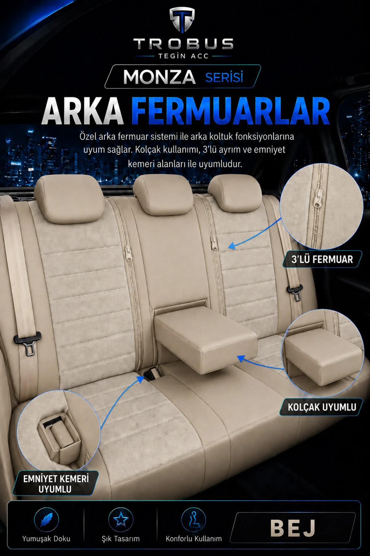 Volvo V40 2012-2019 Uyumlu Monza Serisi Sport Tay Tüyü Kadife Bej Koltuk Kılıfı Volvo V40 2012-2019 Uyumlu Monza Serisi Sport Tay Tüyü Kadife Bej Koltuk Kılıfı