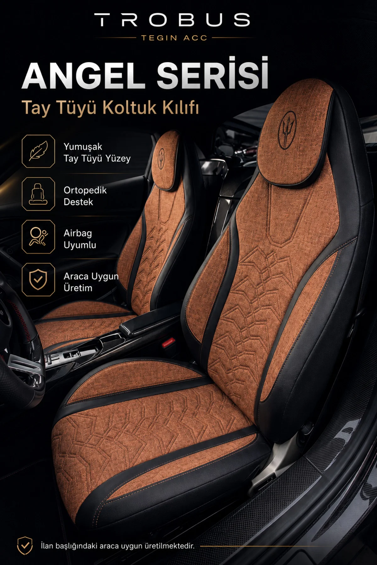 Volvo V40 2012-2019 Uyumlu Angel Serisi Tay Tüyü Koltuk Kılıfı Taba Siyah