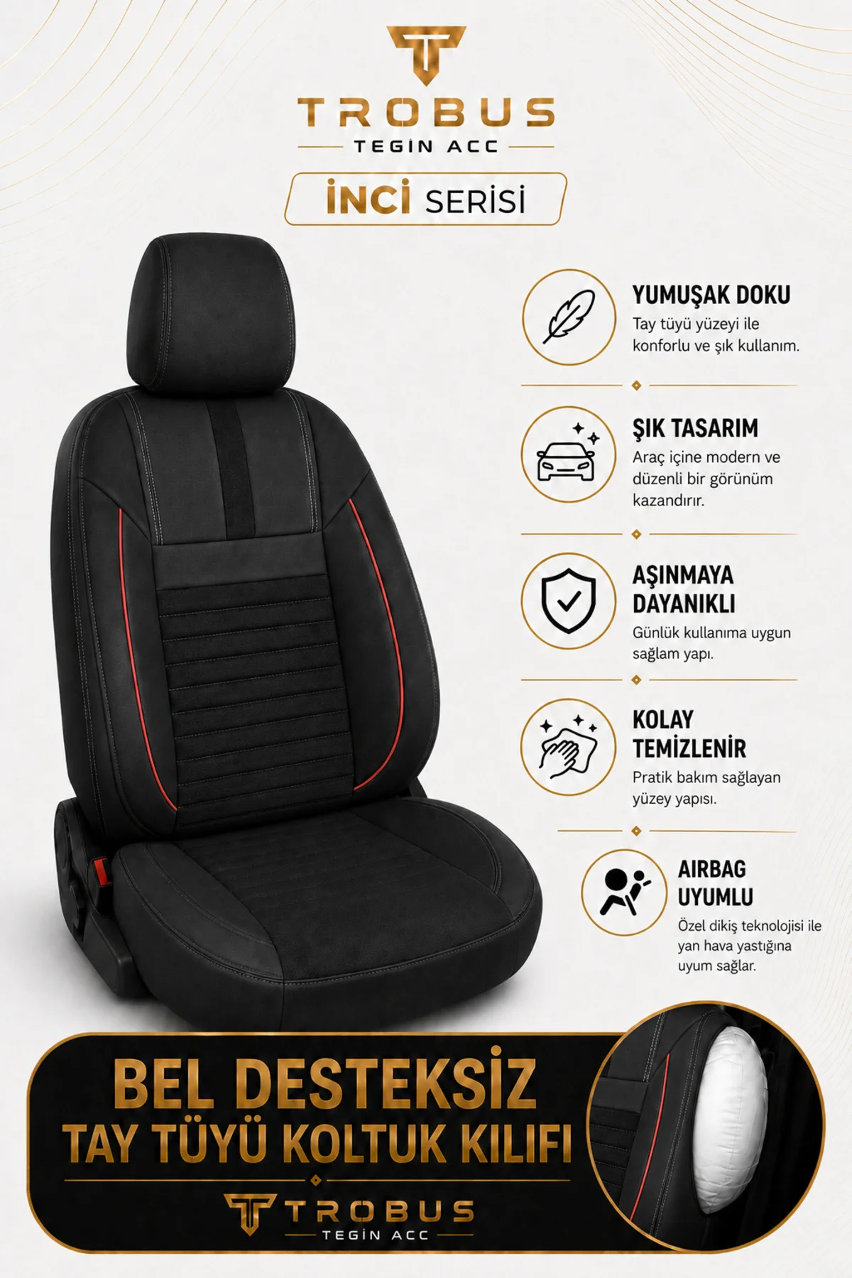 Volvo V40 2012-2019 Uyumlu İnci Serisi Tay Tüyü Siyah Kırmızı Premium Koltuk Kılıfı