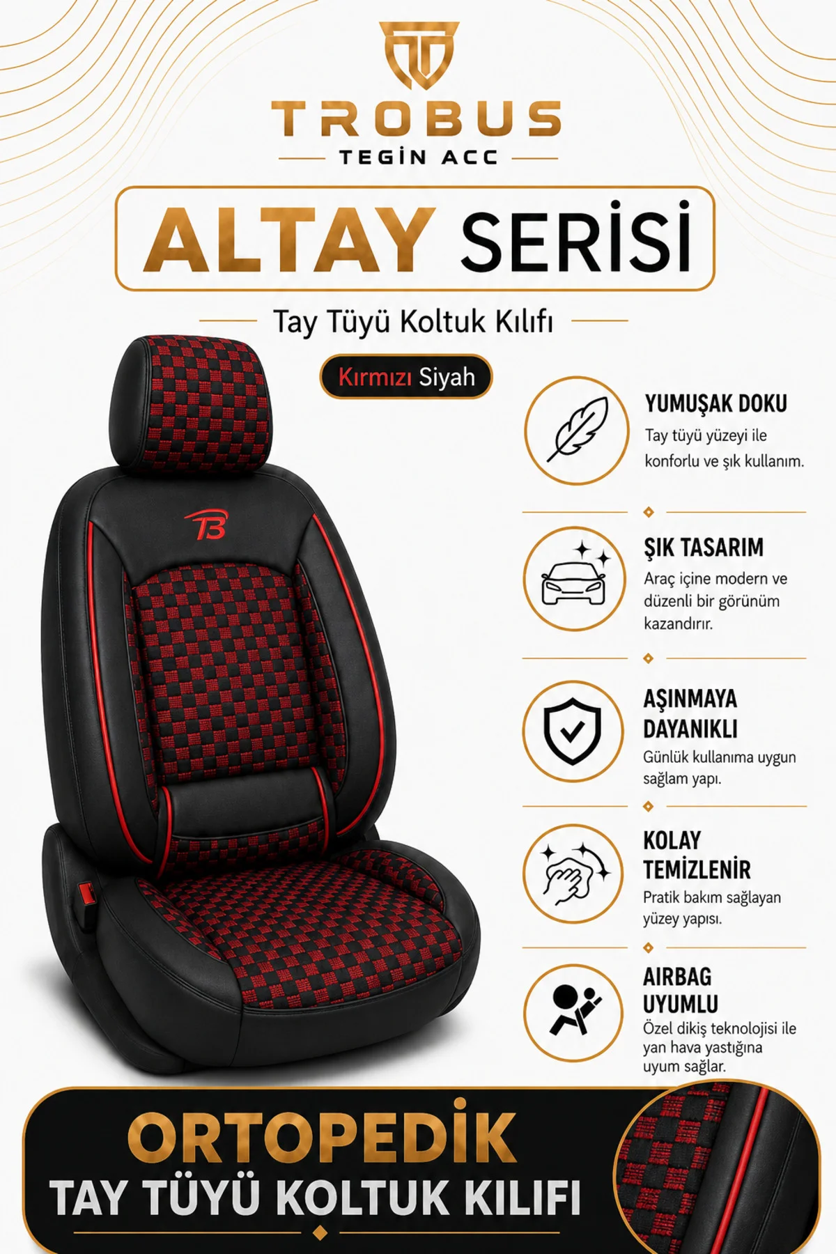Volvo V40 2012-2019 Uyumlu Altay Bel Destekli Tay Tüyü Siyah Kırmızı Koltuk Kılıfı Fiyatı, Yorumları ve Özellikleri