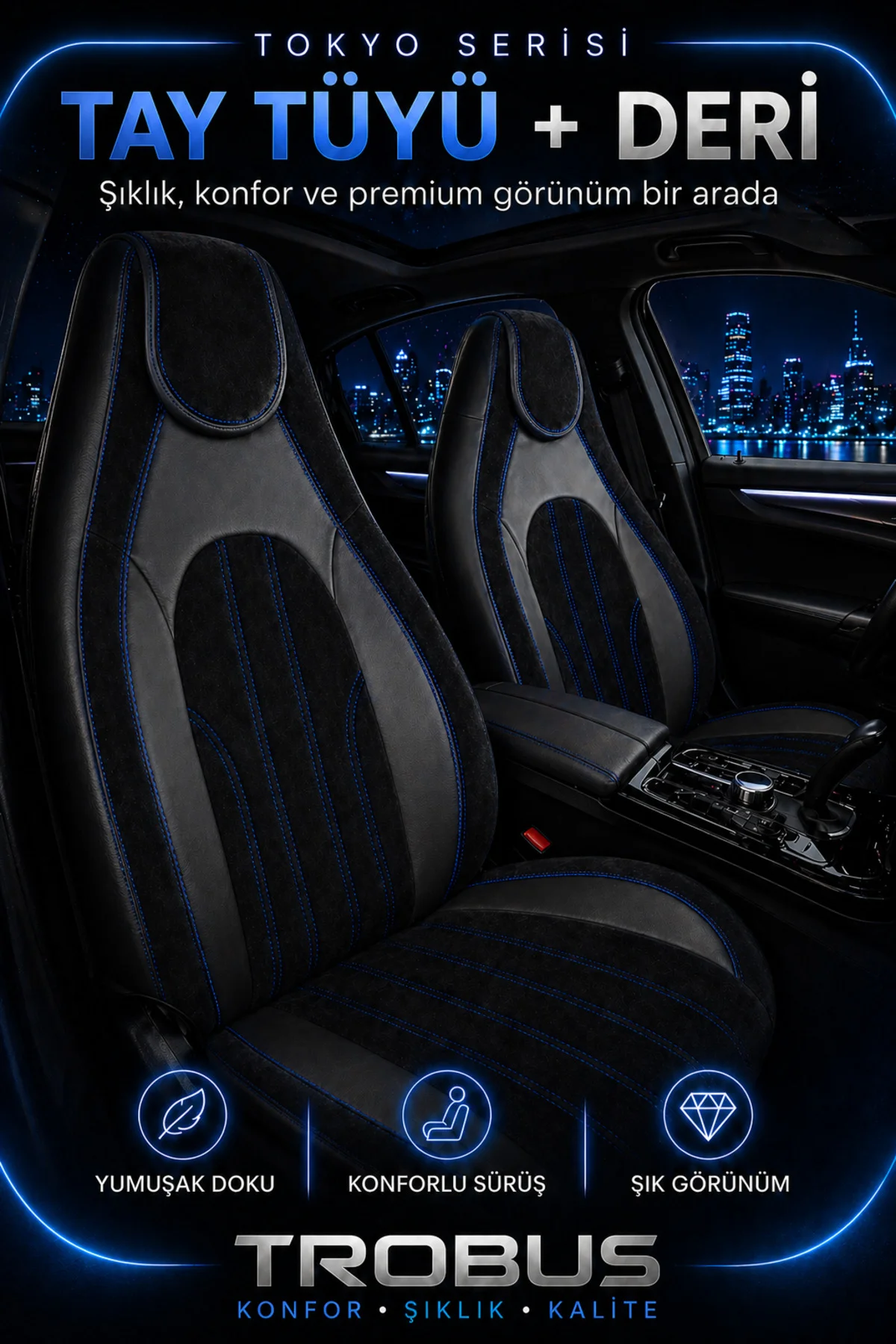 Volvo V40 2012-2019 Bel Destekli Tay Tüyü Koltuk Kılıfı Tokyo Serisi Siyah Mavi Fiyatı, Yorumları ve Özellikleri