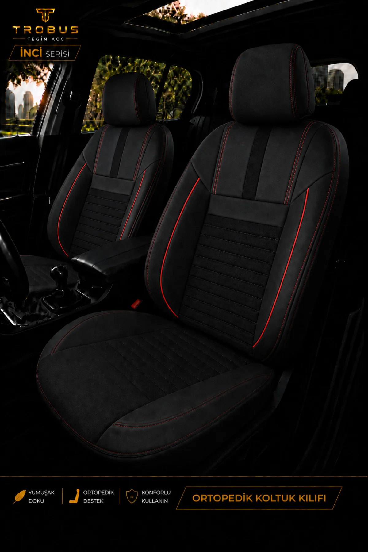 Volvo V40 2012-2019 Uyumlu İnci Serisi Tay Tüyü Siyah Kırmızı Premium Koltuk Kılıfı