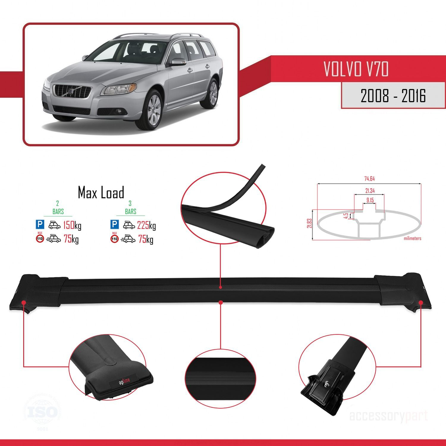 Volvo V70 2008-2016 Arası ile uyumlu FLY Model Ara Atkı Tavan Bar