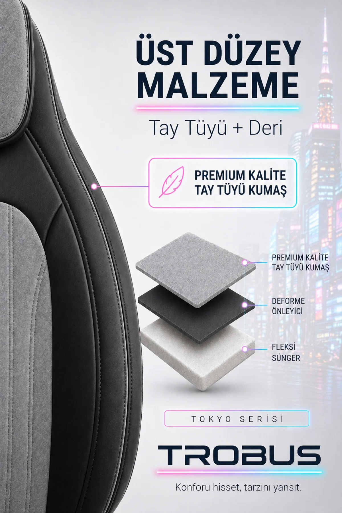 Volvo Xc 60 2013 2014 2015 2016 Bel Destekli Tay Tüyü Koltuk Kılıfı Tokyo Serisi Gri Siyah