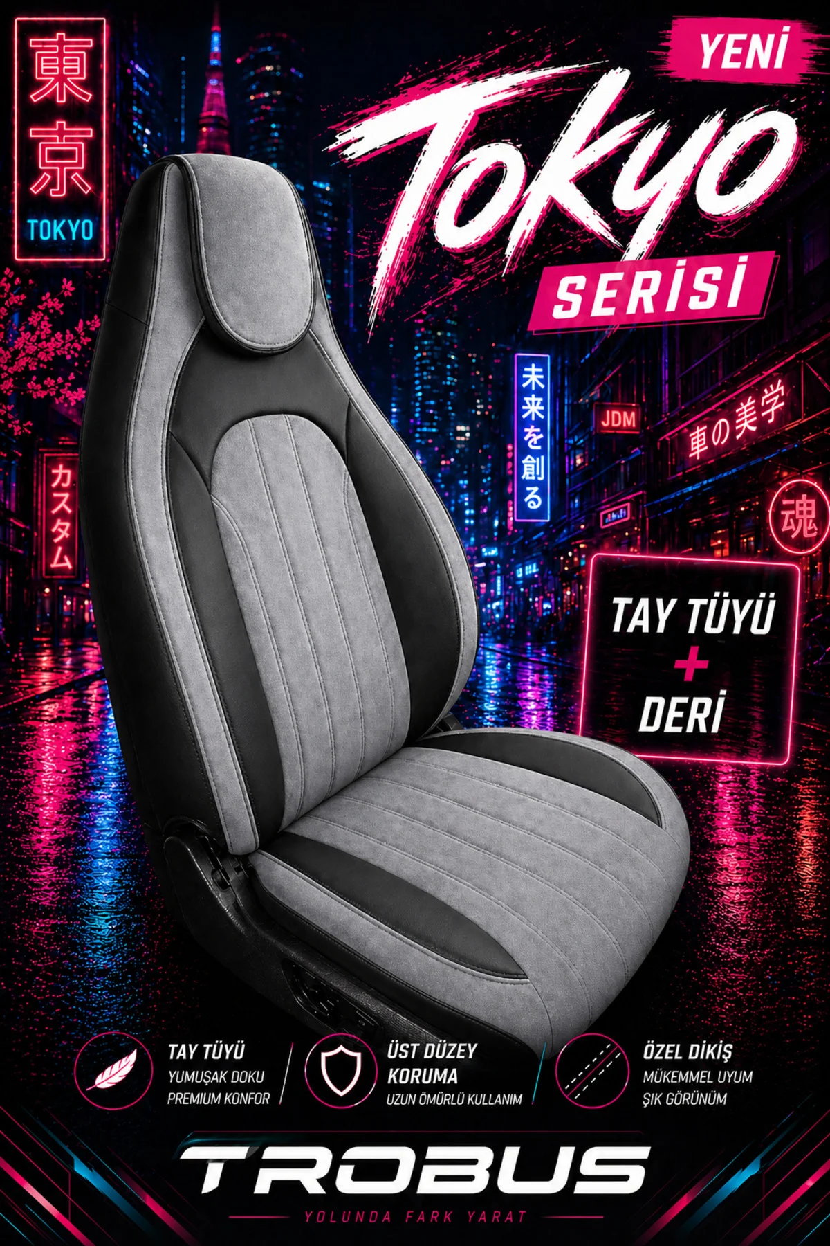 Volvo Xc 60 2013 2014 2015 2016 Bel Destekli Tay Tüyü Koltuk Kılıfı Tokyo Serisi Gri Siyah