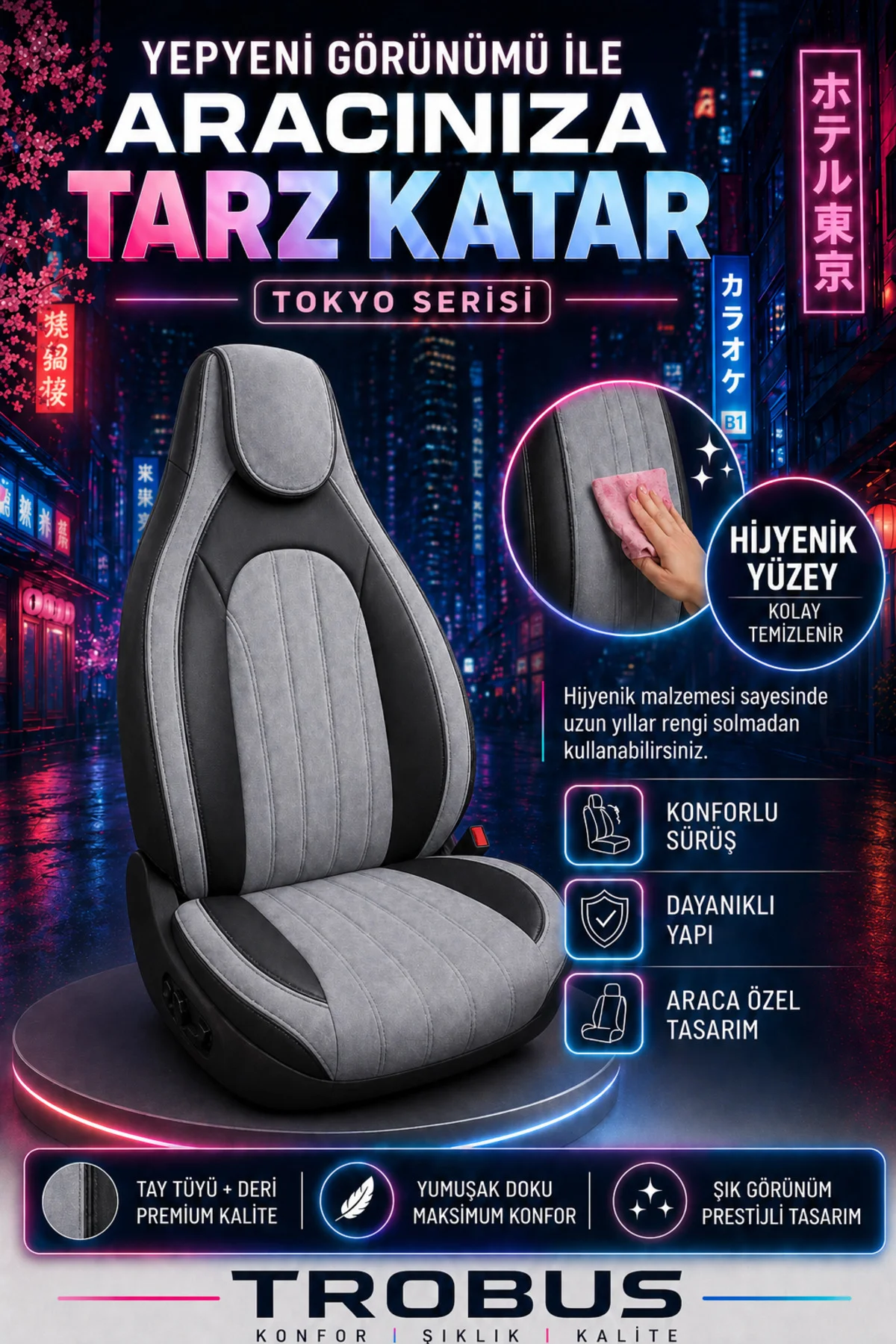 Volvo Xc 60 2013 2014 2015 2016 Bel Destekli Tay Tüyü Koltuk Kılıfı Tokyo Serisi Gri Siyah