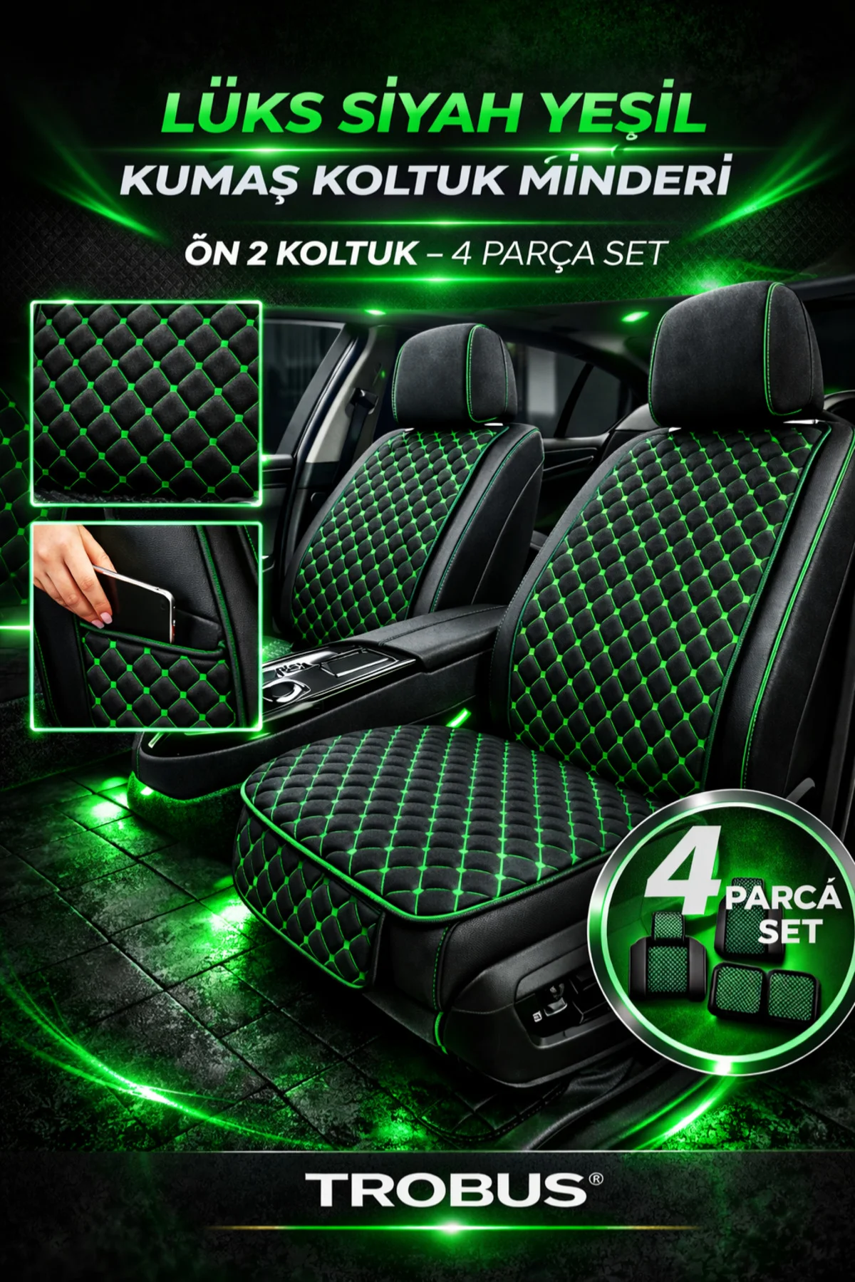 Volvo XC-60 2013-2016 Uyumlu Kapitone Kumaş 7 Parça Koltuk Minderi Siyah - Yeşil Fiyatı, Yorumları ve Özellikleri