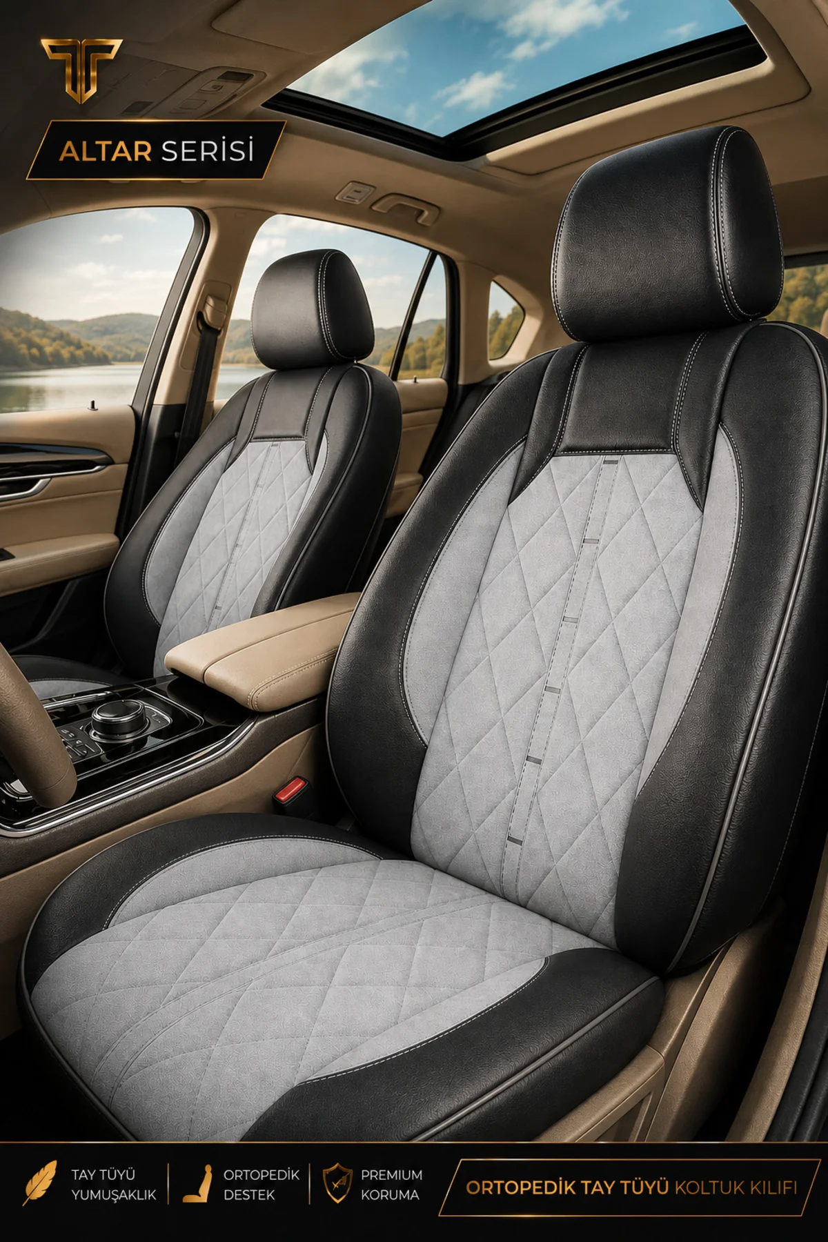 Volvo Xc 60 2013 ve Sonrası Uyumlu Altar Serisi Tay Tüyü Gri Siyah Premium Koltuk Kılıfı