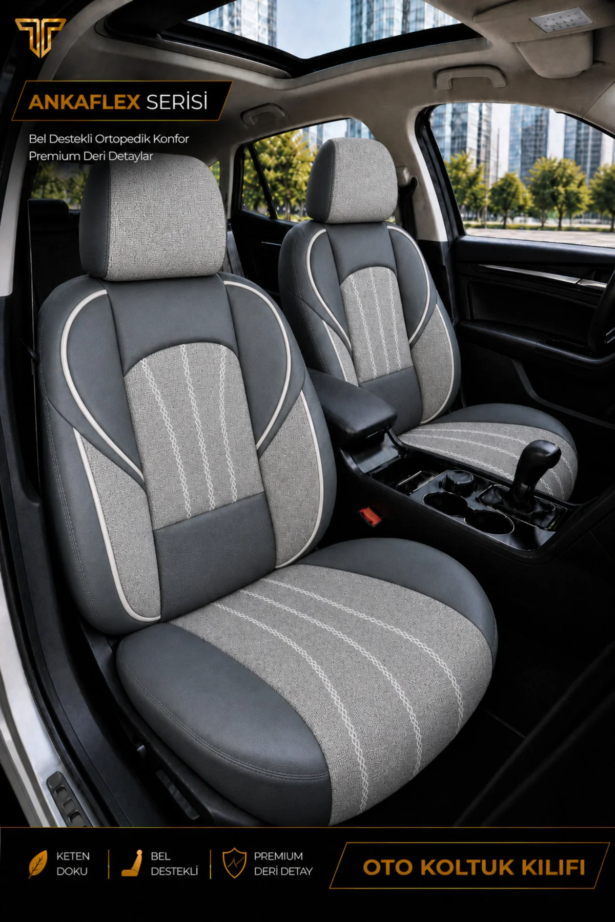 Volvo Xc 60 2013 ve Sonrası Uyumlu ANKAFLEX Bel Destekli Keten Deri Gri Siyah Koltuk Kılıfı