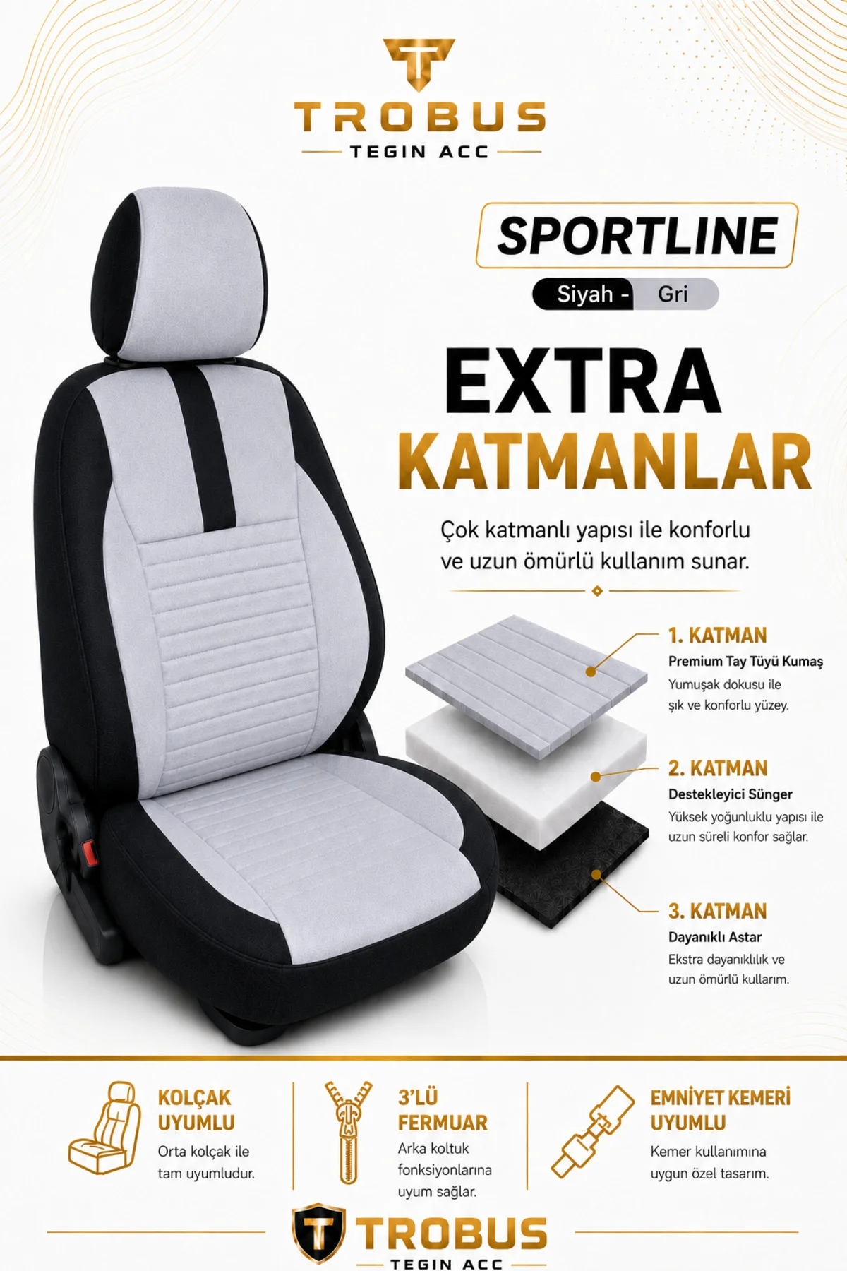 Volvo Xc 60 2013 ve Sonrası Uyumlu Sportline Serisi Gri Siyah Ortopedik Tay Tüyü Koltuk Kılıfı Volvo Xc 60 2013 ve Sonrası Uyumlu Sportline Serisi Gri Siyah Ortopedik Tay Tüyü Koltuk Kılıfı - Görsel 5