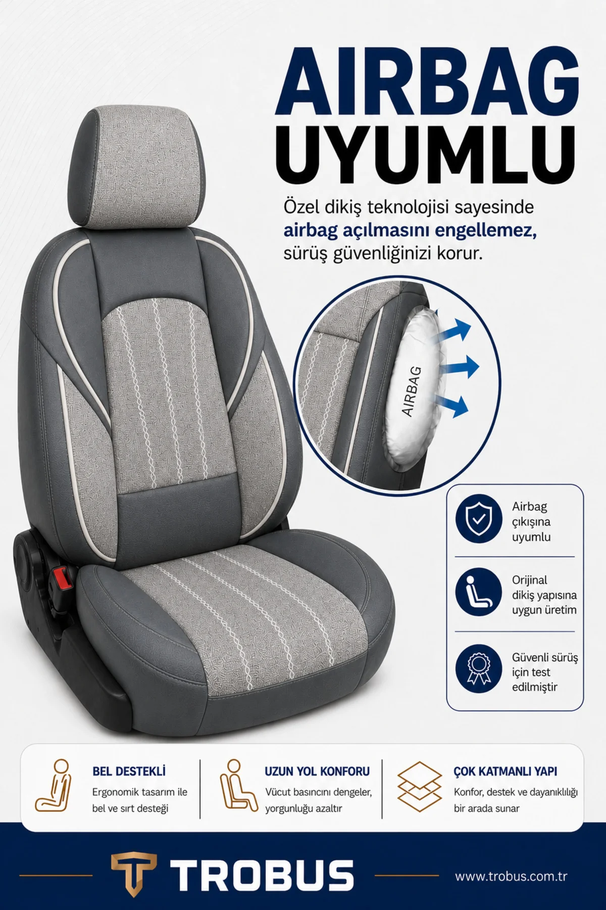 Volvo Xc 60 2013 ve Sonrası Uyumlu ANKAFLEX Bel Destekli Keten Deri Gri Siyah Koltuk Kılıfı