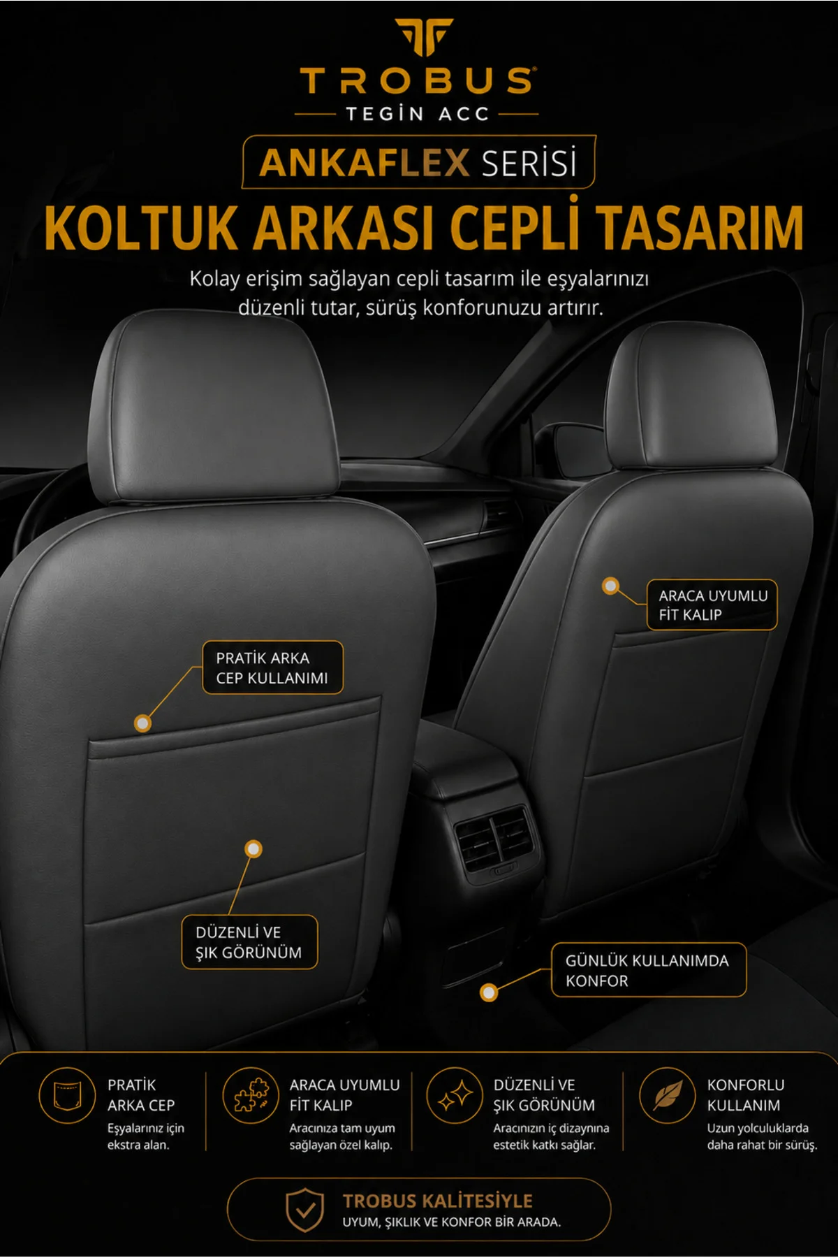 Volvo Xc 60 2013 ve Sonrası Uyumlu ANKAFLEX Bel Destekli Keten Deri Gri Siyah Koltuk Kılıfı