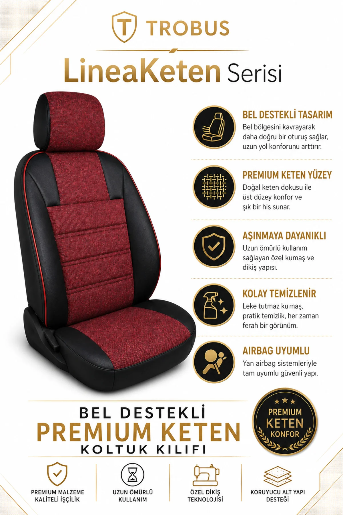 Volvo Xc 60 2013 ve Sonrası Uyumlu LineaKeten Serisi Ortopedik Bordo Kırmızı Koltuk Kılıfı