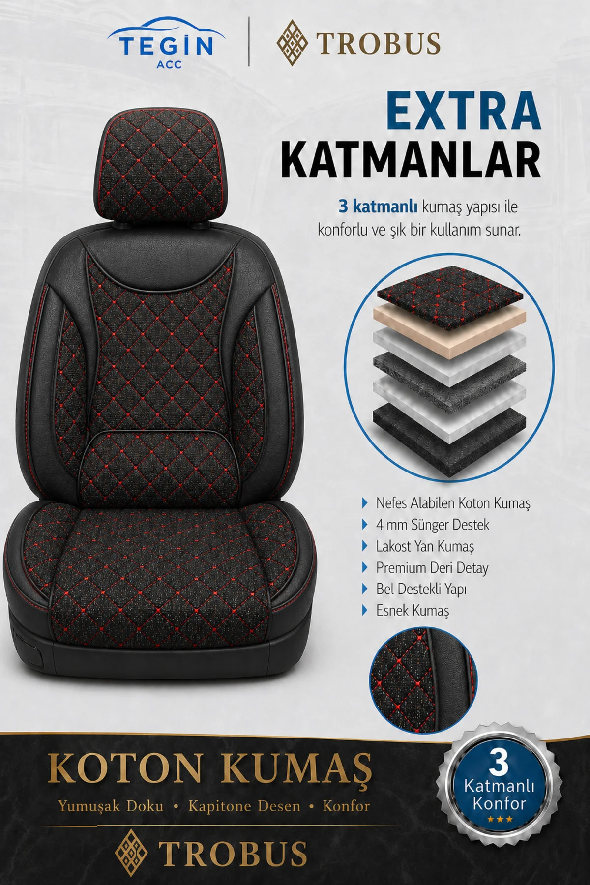 Volvo XC60 2017 ve Sonrası Uyumlu SoftCotton Serisi Pamuklu Oto Koltuk Kılıfı Kırmızı