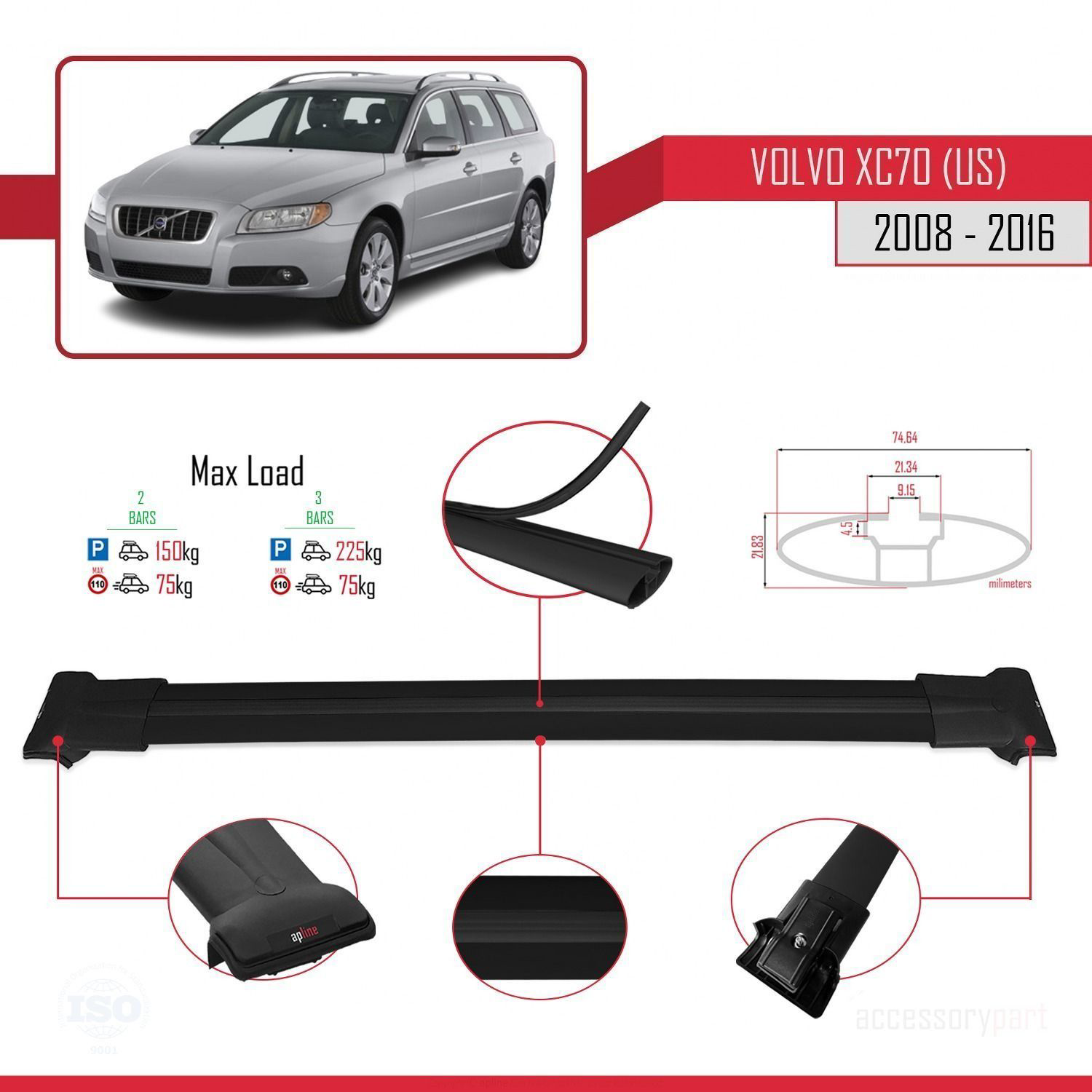 Volvo XC70 (US) 2008-2016 Arası ile Uyumlu FLY Model Ara Atkı Tav