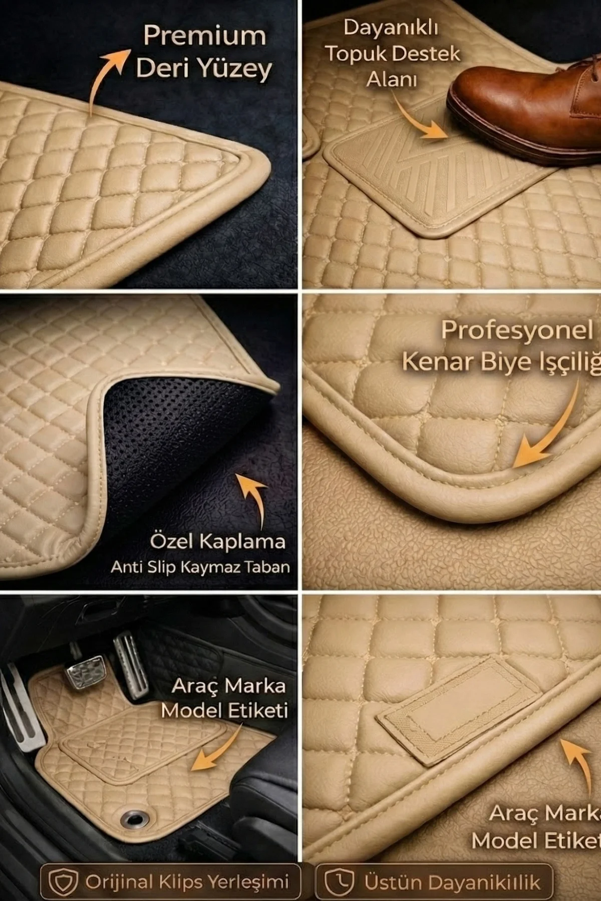 Volvo XC90 2002-2014 5 Parça (Şaft Tünelli) Premium Deri Paspas Siyah Deri Bej Kenar