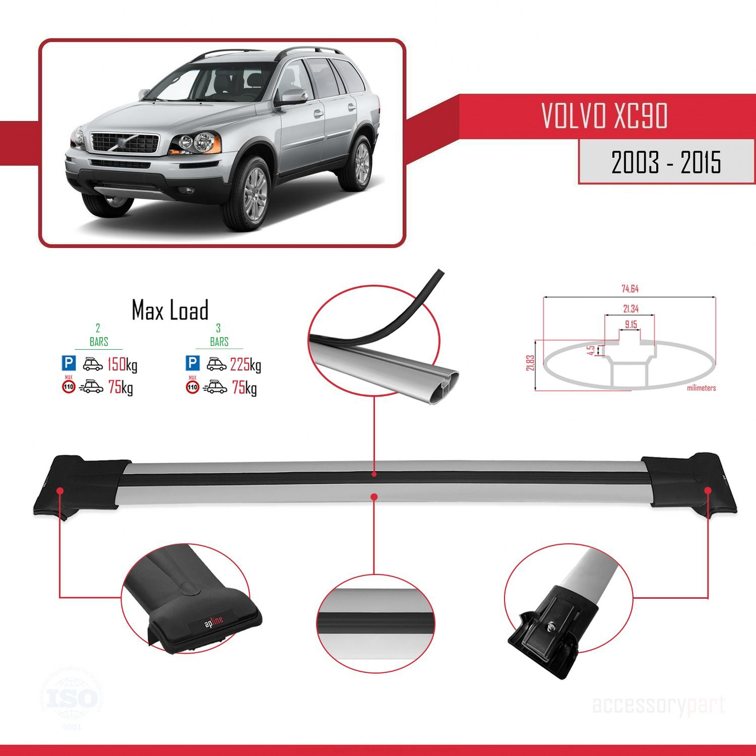 Volvo XC90 2003-2015 Arası ile uyumlu FLY Model Ara Atkı Tavan Ba
