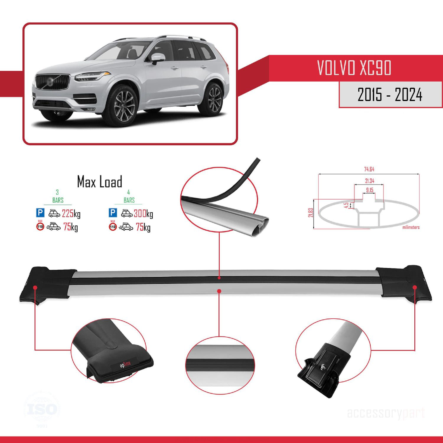 Volvo XC90 2015 ve Sonrası ile Uyumlu FLY Model Ara Atkı Tavan Ba