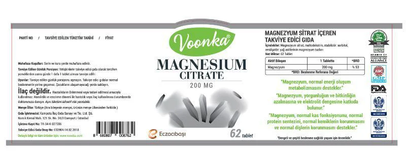 Voonka Magnezyum Sitrat 200mg 60 Tablet Voonka Magnezyum Sitrat 200mg 60 Tablet
