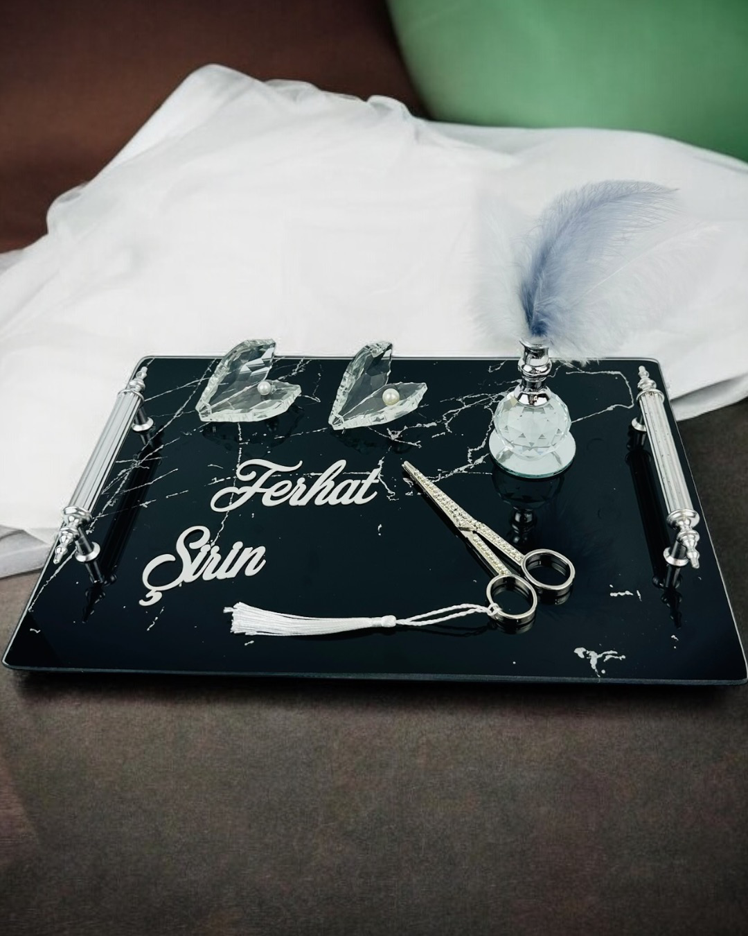 Vow Gümüş Siyah Söz Nişan Tepsisi