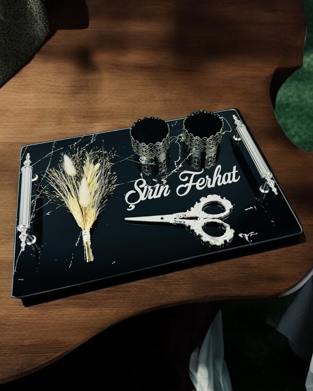 Vow Gümüş Siyah Söz Nişan Tepsisi