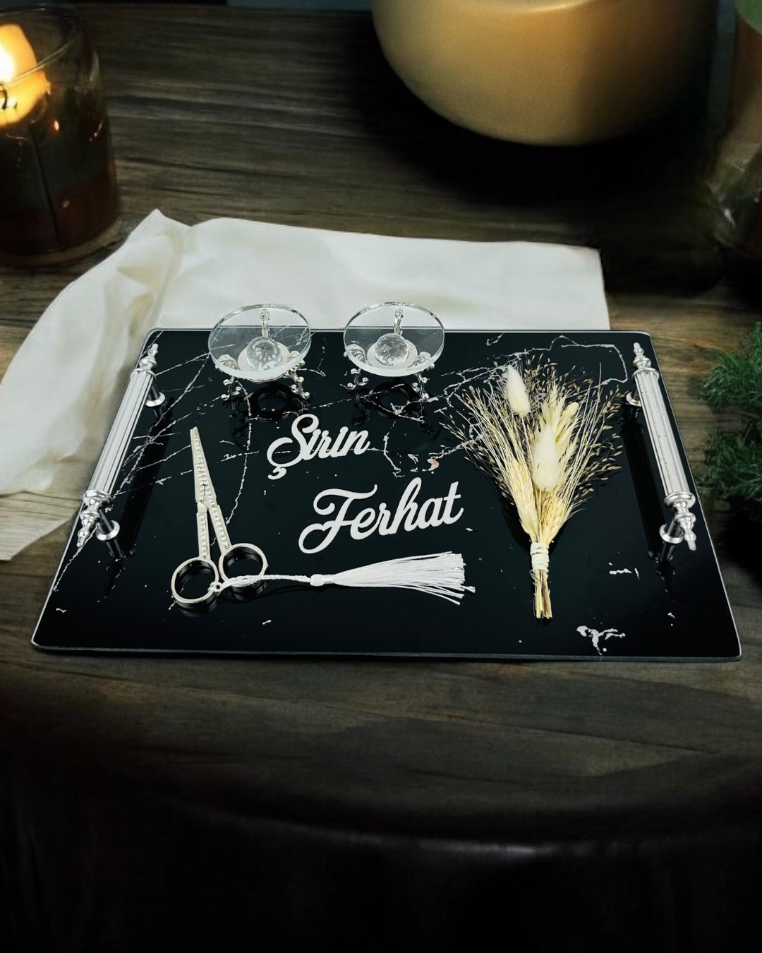 Vow Gümüş Siyah Söz Nişan Tepsisi