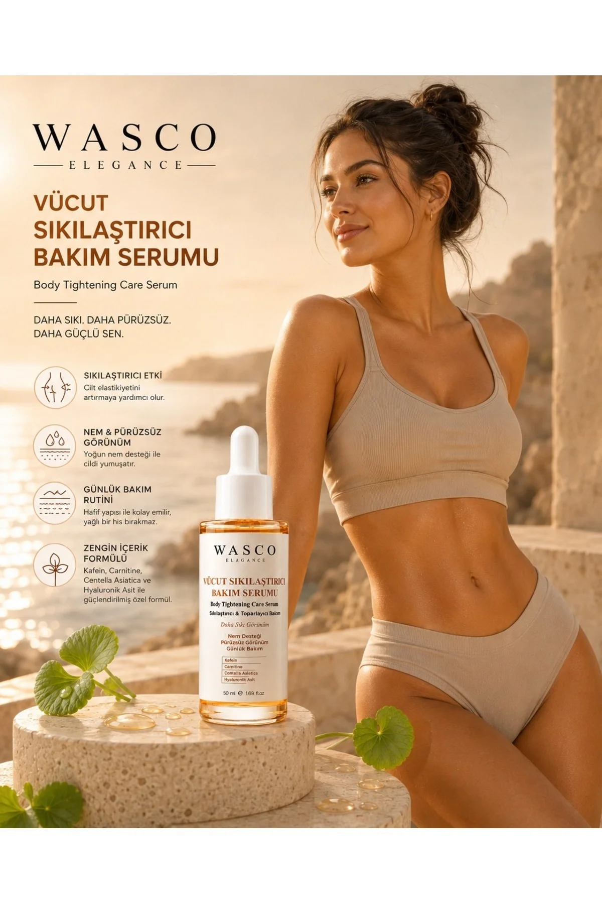 Vücut Sıkılaştırıcı Bakım Serumu 50 ml - Kafein, Carnitine, Centella Asiatica ve Hyaluronik Asit İçeren Günlük Vücut Bakım Serumu
