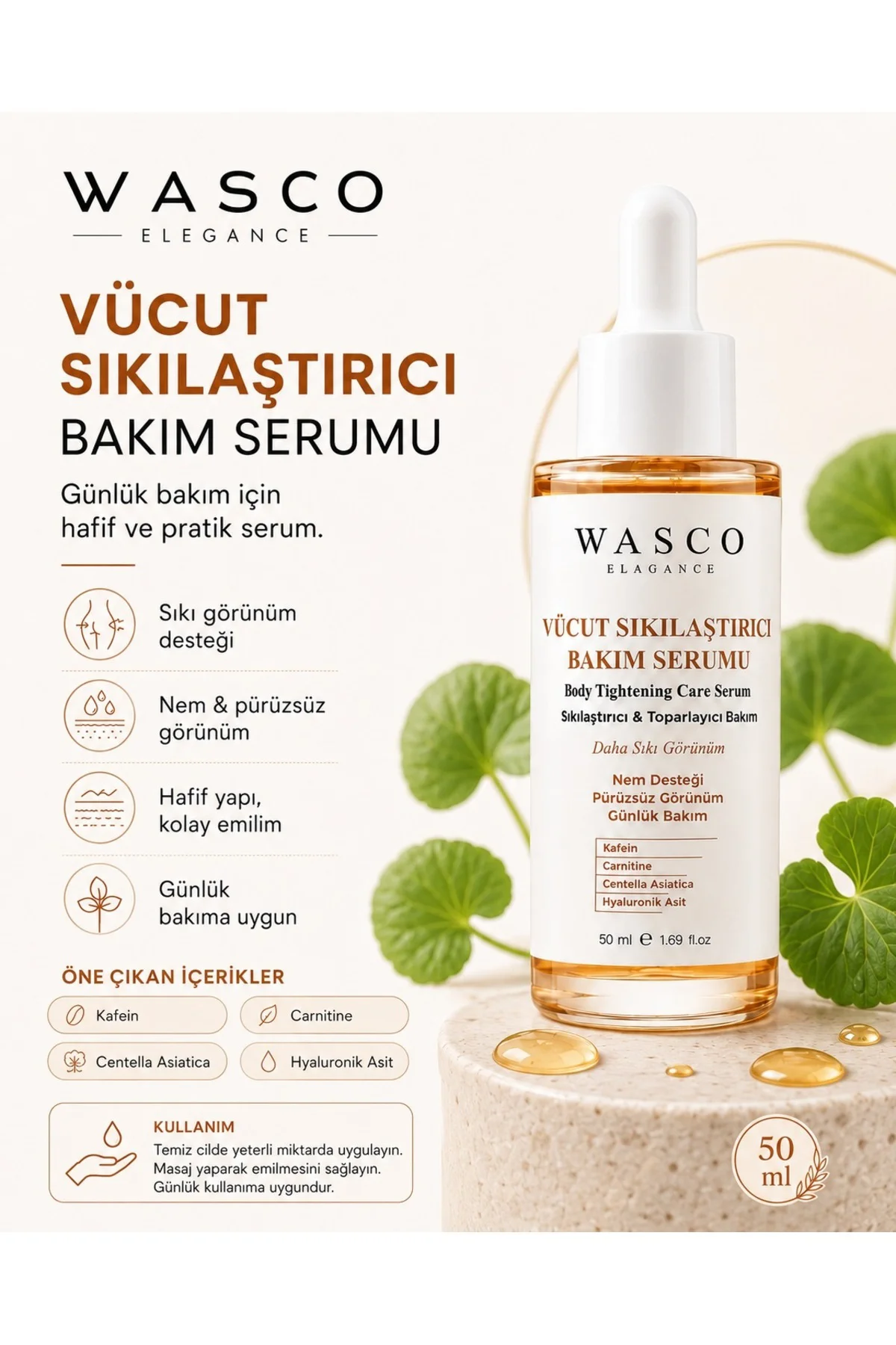 Vücut Sıkılaştırıcı Bakım Serumu 50 ml - Kafein, Carnitine, Centella Asiatica ve Hyaluronik Asit İçeren Günlük Vücut Bakım Serumu