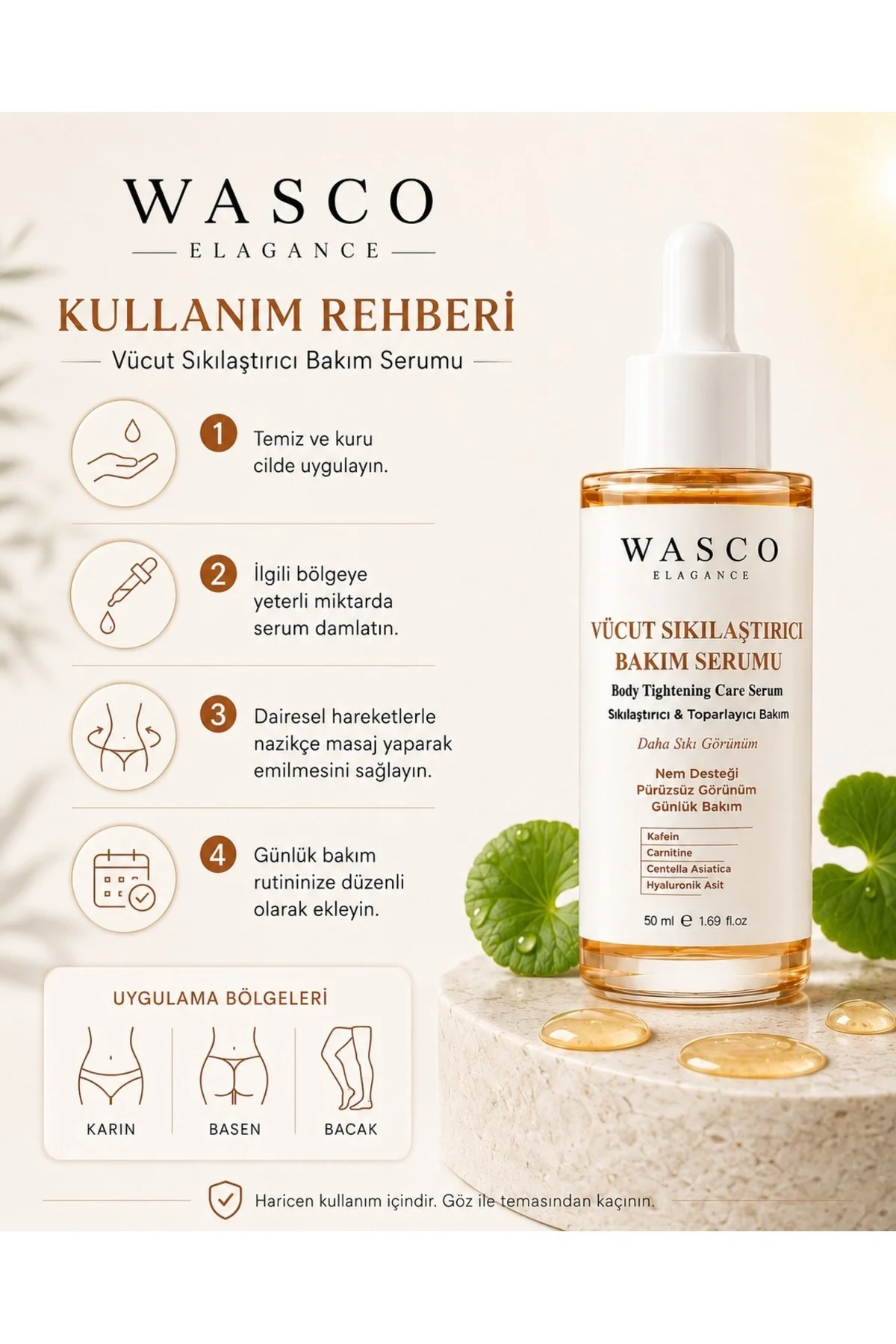 Vücut Sıkılaştırıcı Bakım Serumu 50 ml - Kafein, Carnitine, Centella Asiatica ve Hyaluronik Asit İçeren Günlük Vücut Bakım Serumu