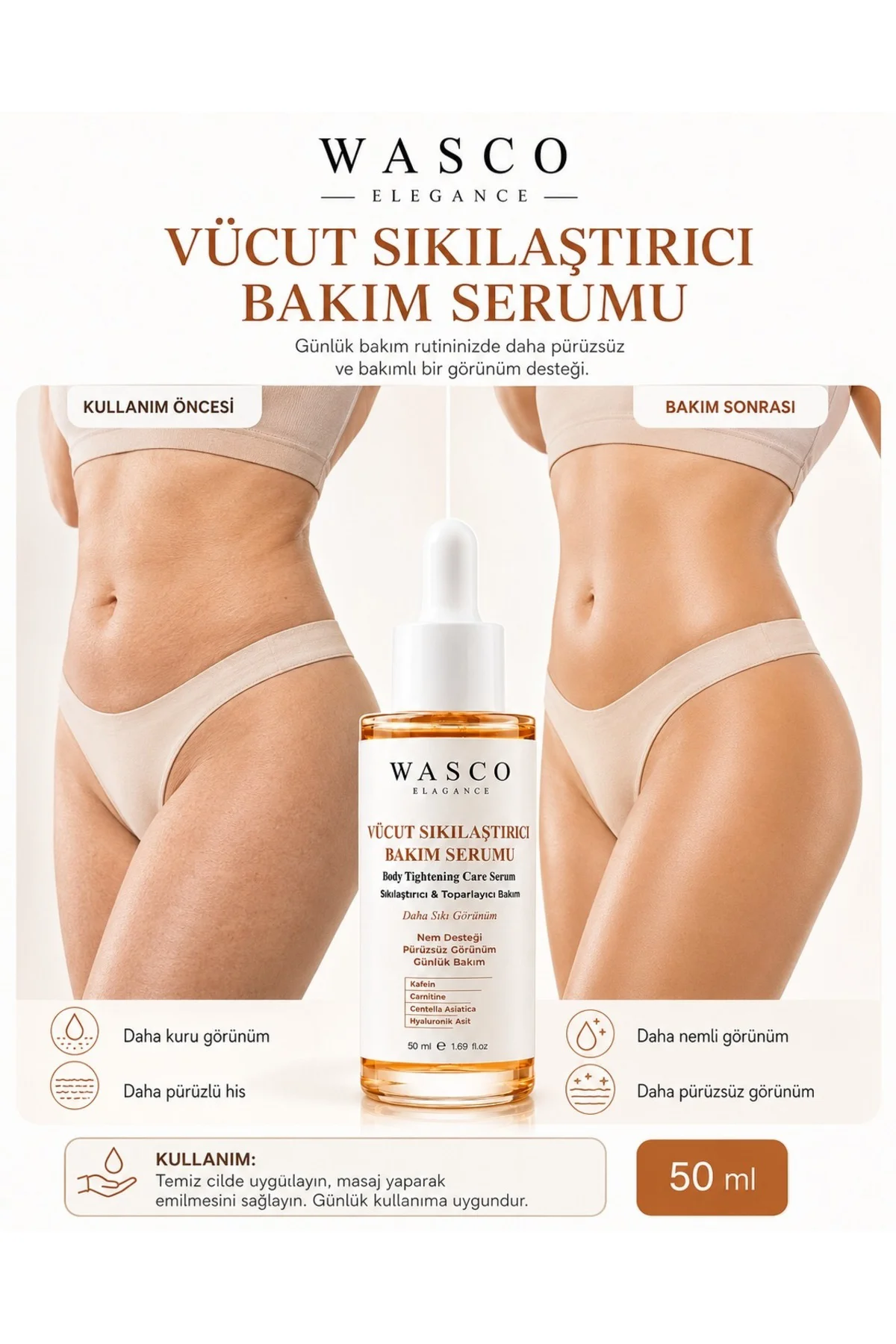 Vücut Sıkılaştırıcı Bakım Serumu 50 ml - Kafein, Carnitine, Centella Asiatica ve Hyaluronik Asit İçeren Günlük Vücut Bakım Serumu