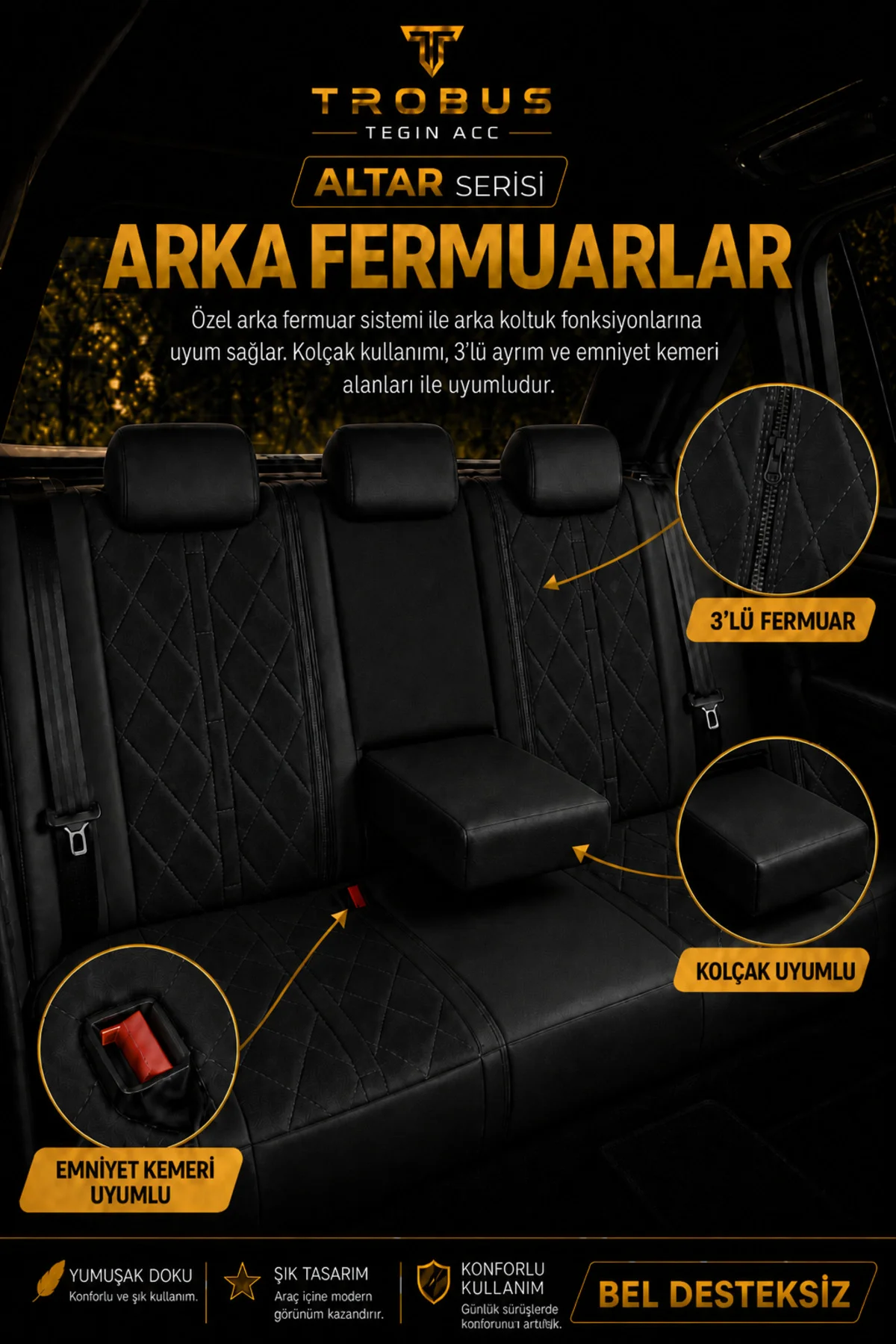 VW Bora 1998-2005 Uyumlu Altar Serisi Tay Tüyü Siyah Premium Koltuk Kılıfı