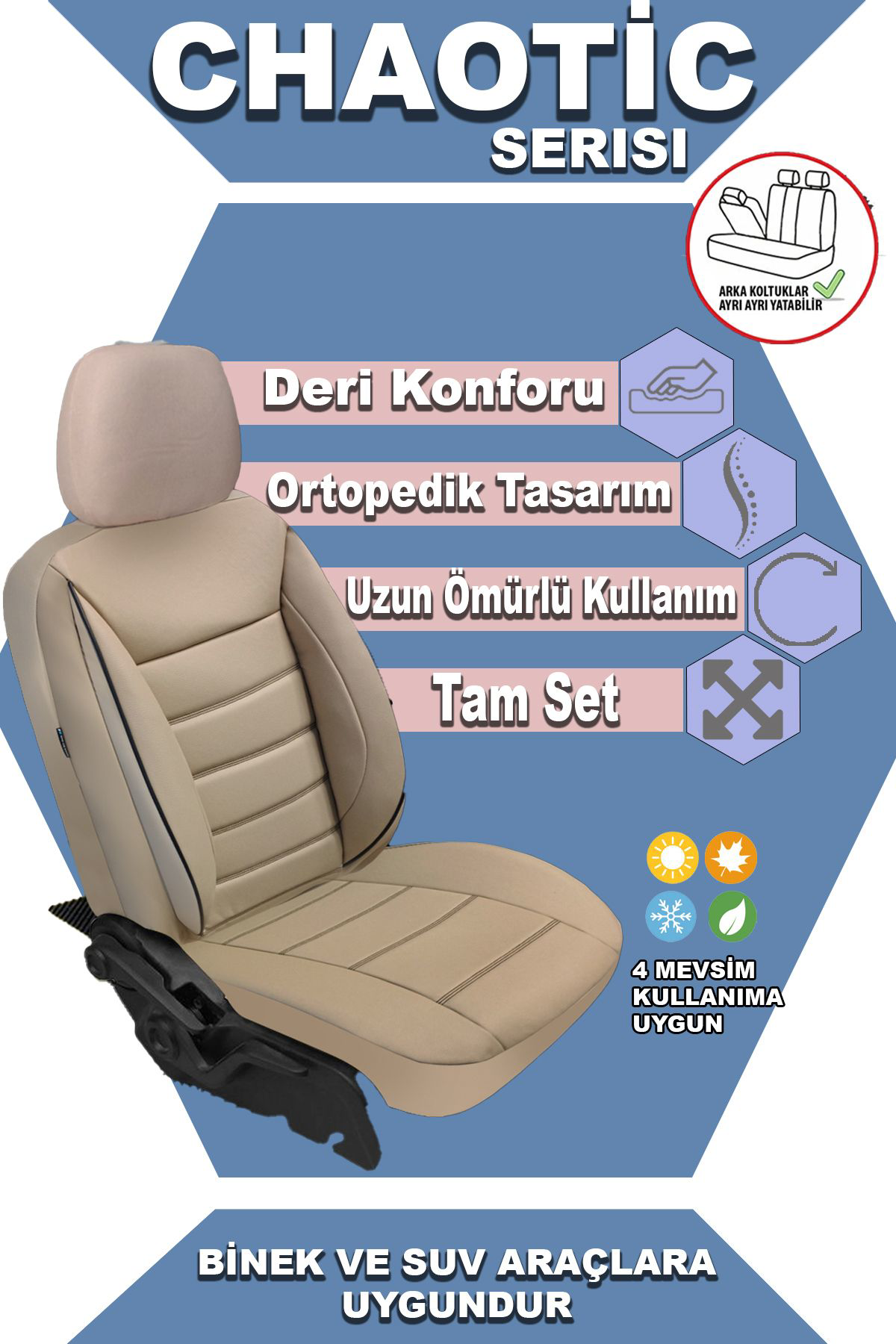 VW BORA 1998-2004Uyumlu Oto Koltuk Kılıfı Chaotic Serisi Deri - Bej