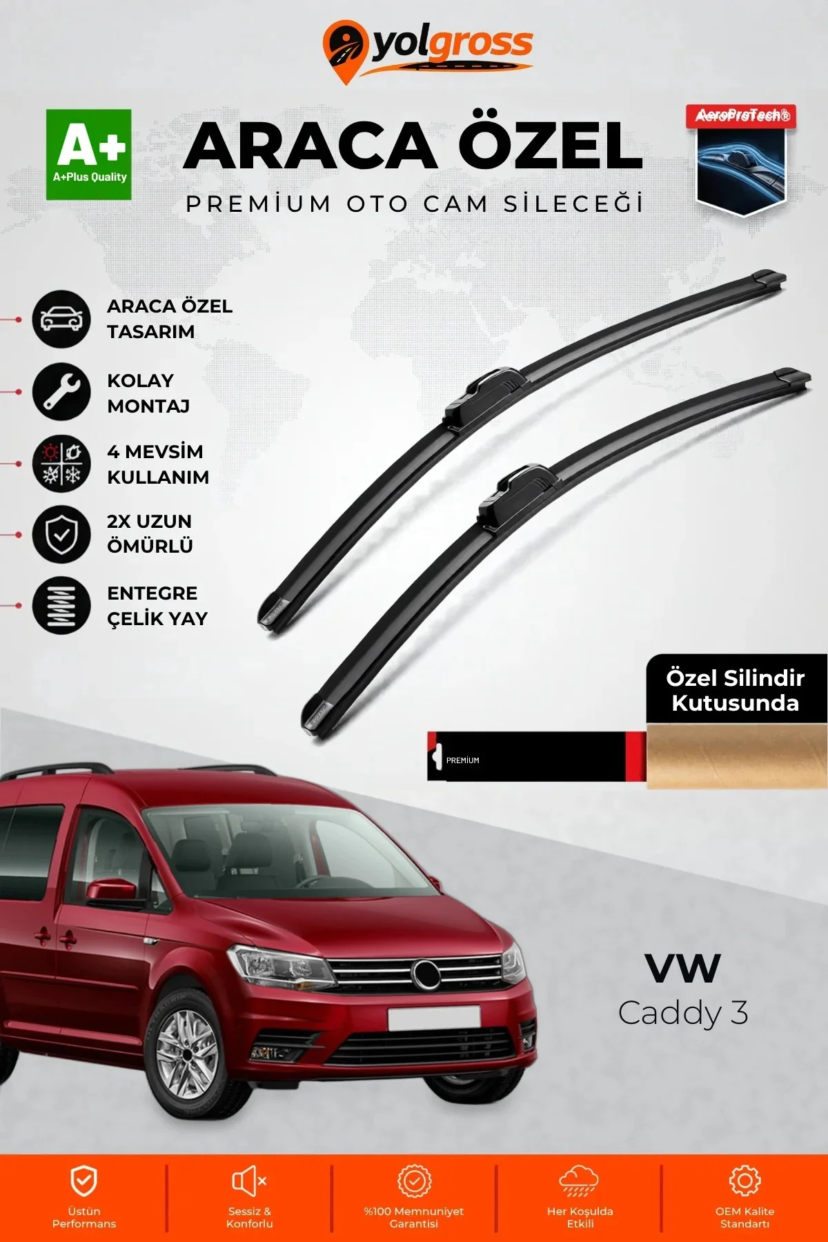 VW Caddy 3 Ön Cam Silecek Seti 2015-2020 Premium Araca Özel 60-45 Cm A+ Kalite