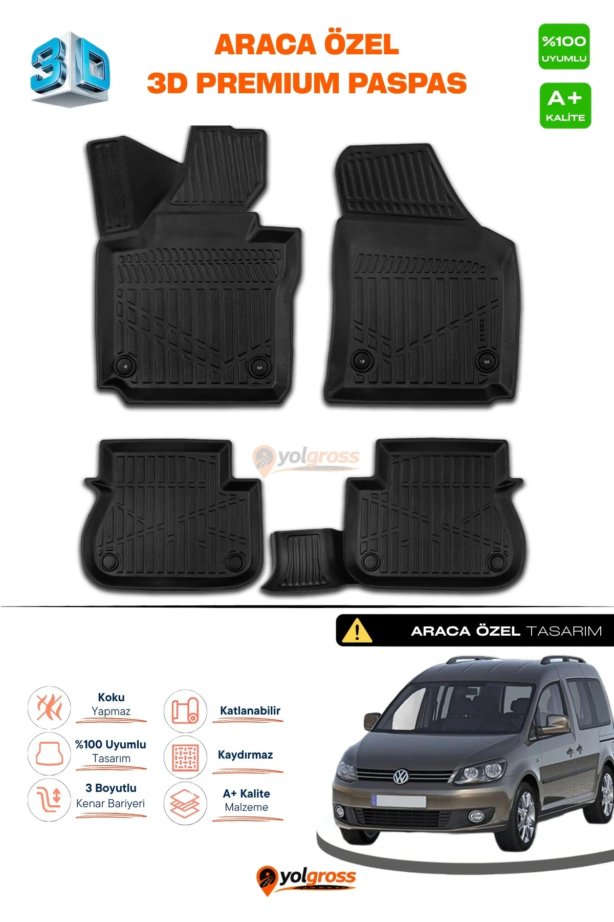 VW Caddy 3D Pro Havuzlu Paspas 2010-2015 A+ Kalite VW Caddy 3D Pro Havuzlu Paspas 2010-2015 A+ Kalite
