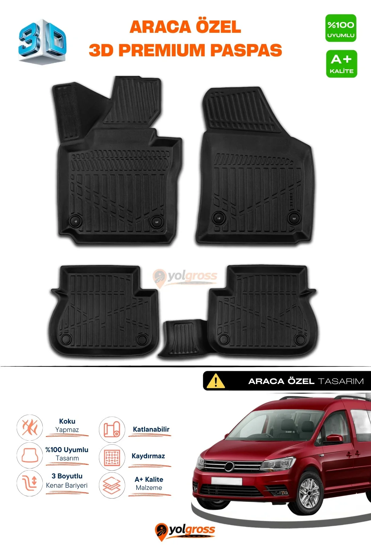 VW Caddy 3D Pro Havuzlu Paspas 2015-2020 A+ Kalite VW Caddy 3D Pro Havuzlu Paspas 2015-2020 A+ Kalite