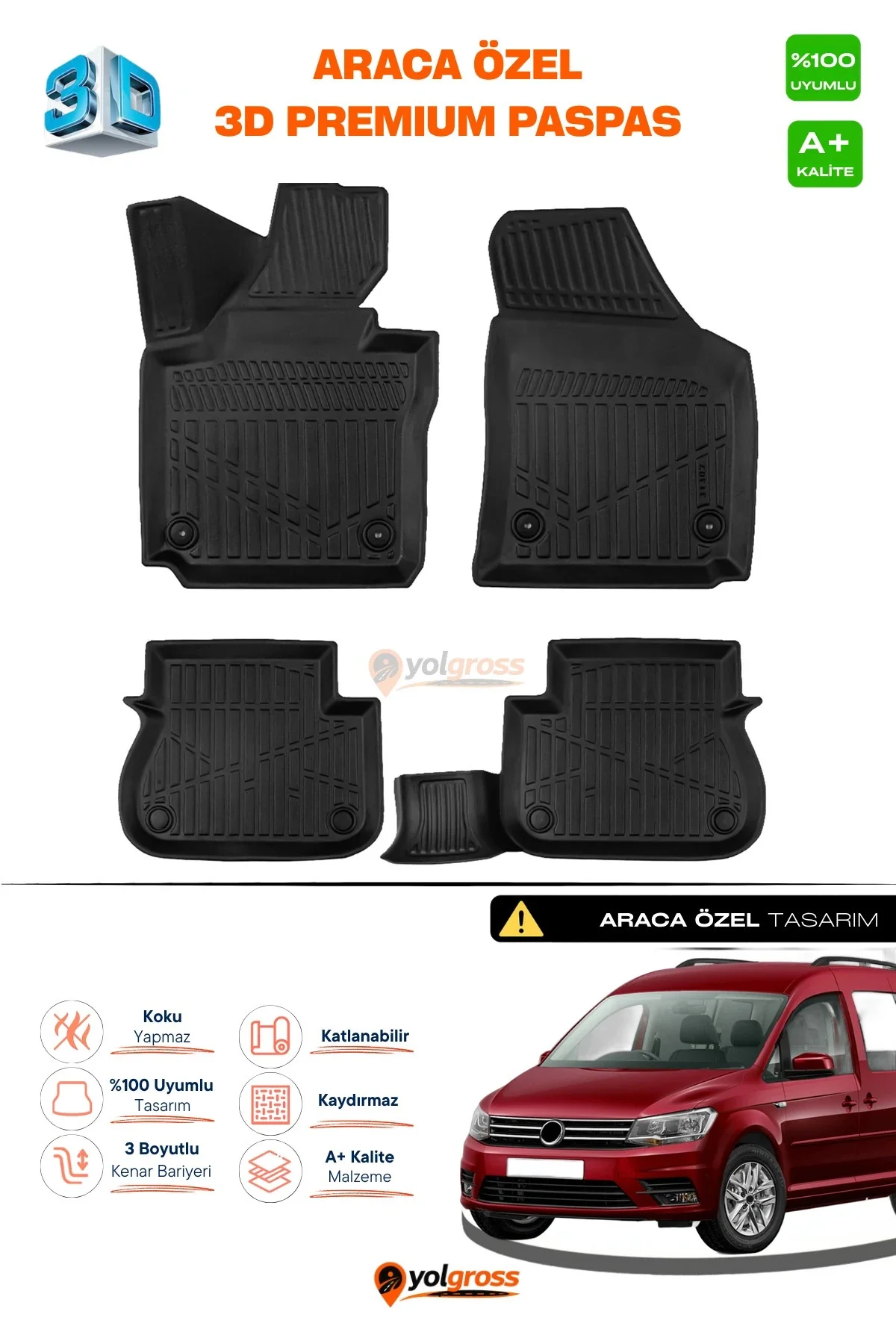 VW Caddy 3D Pro Havuzlu Paspas 2004-2010 A+ Kalite