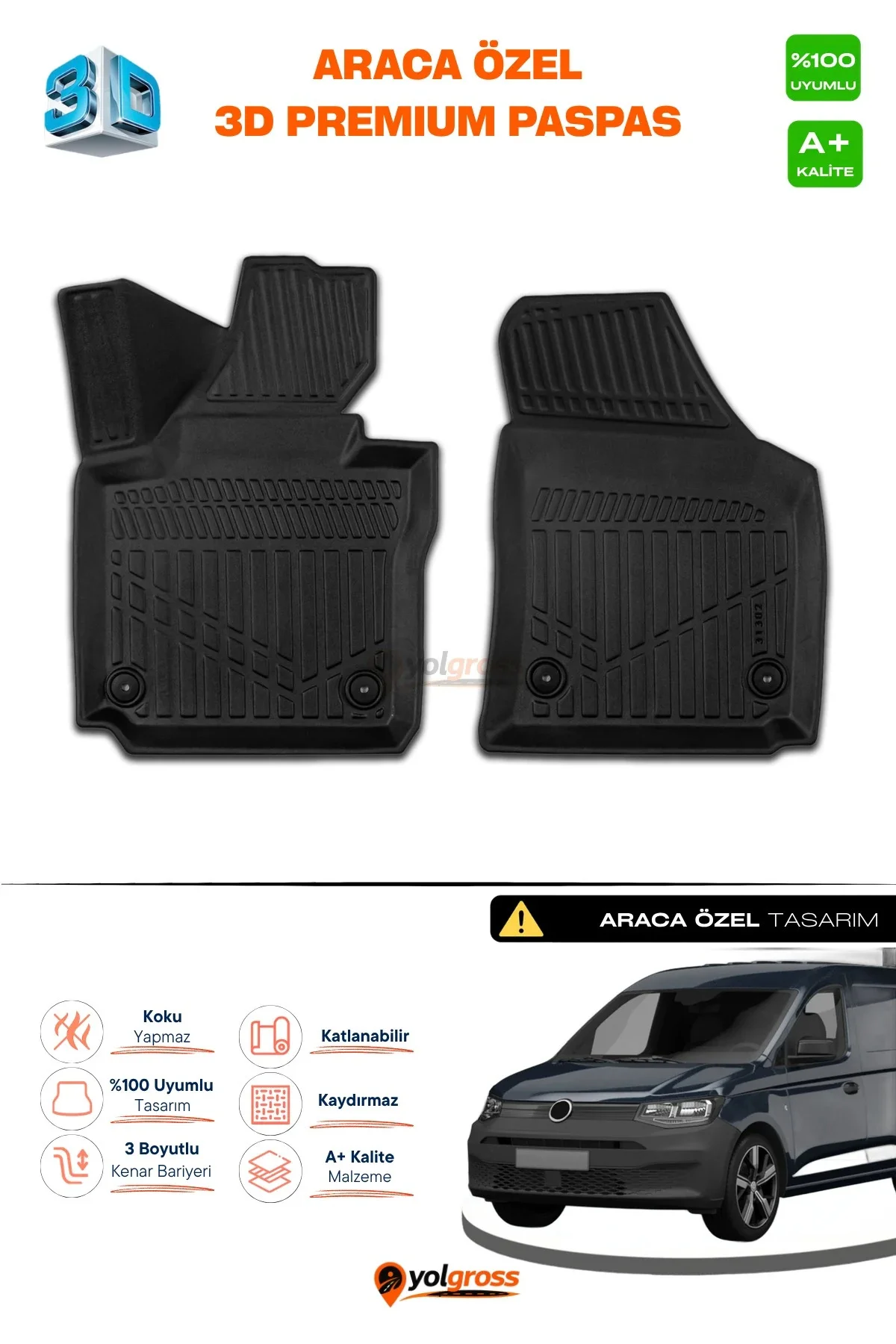 VW Caddy Panelvan 3D Pro Havuzlu Paspas Ön 2'Li 2020 Üzeri A+ Kalite