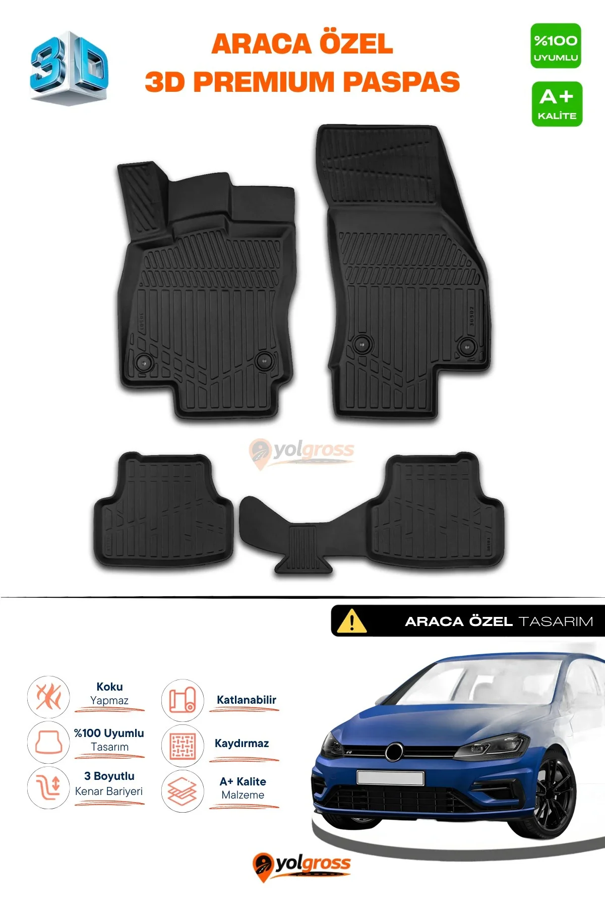 VW Golf 7 3D Pro Havuzlu Paspas 2012-2020 A+ Kalite