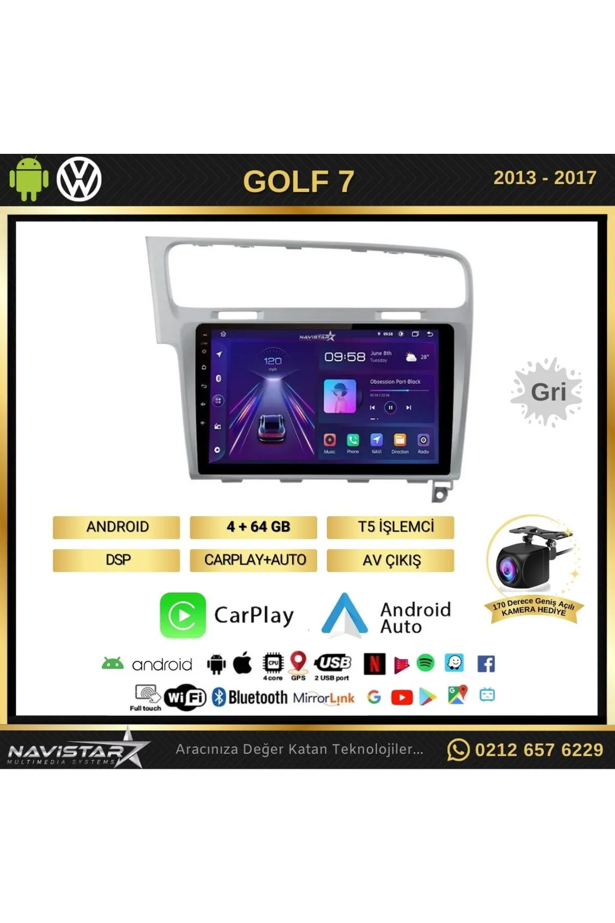 VW Golf 7 Gri Çerçeve 4GB + 64GB Kablosuz Carplay Android 13 Navi - Görsel 2