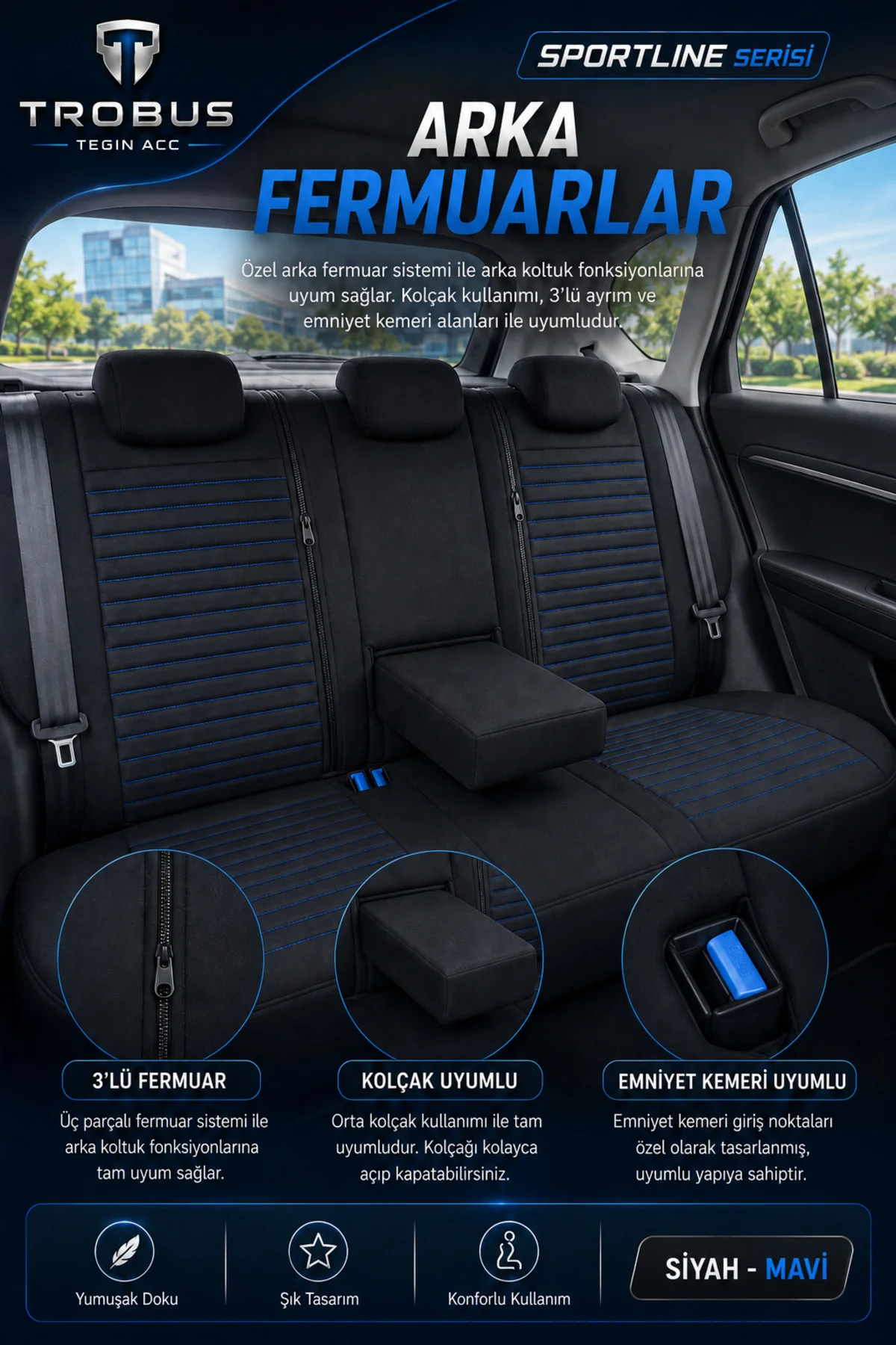 VW Golf 7 Kasa 2013-2020 Uyumlu Sportline Serisi Siyah Mavi Ortopedik Tay Tüyü Koltuk Kılıfı Fiyatı, Yorumları ve Özellikleri