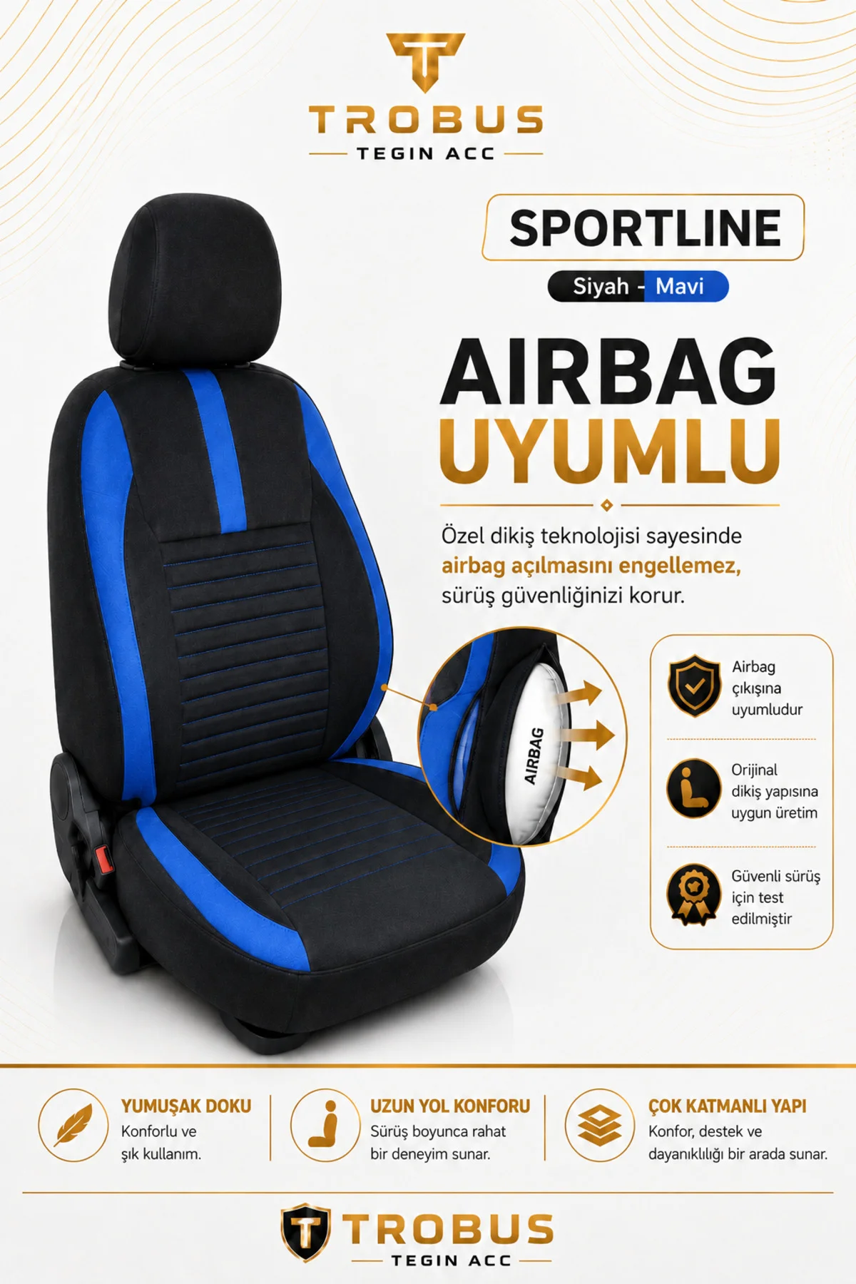 VW Golf 7 Kasa 2013-2020 Uyumlu Sportline Serisi Siyah Mavi Ortopedik Tay Tüyü Koltuk Kılıfı Fiyatı, Yorumları ve Özellikleri