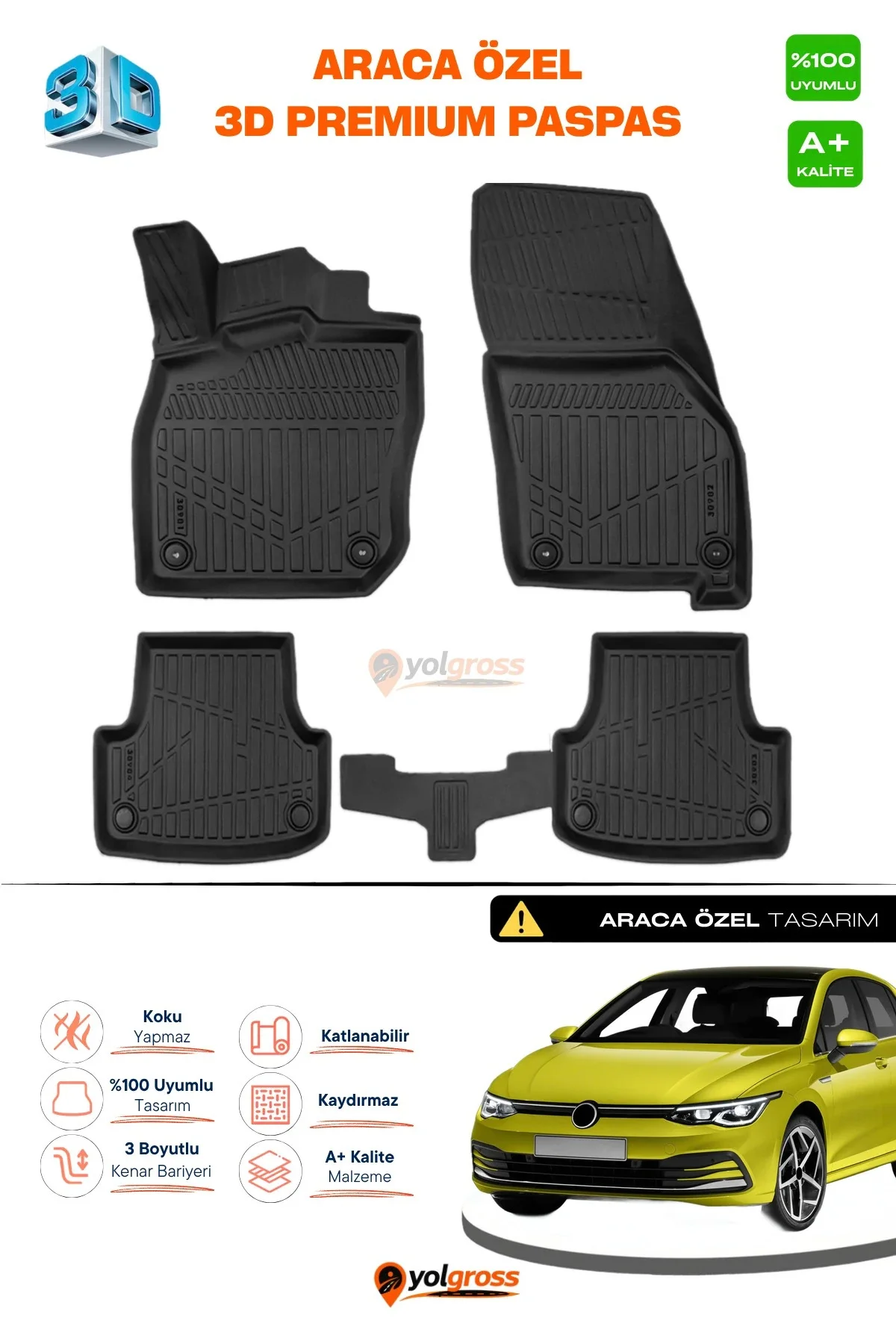 VW Golf 8 Otomatik 3D Pro Havuzlu Paspas 2020 Üzeri A+ Kalite
