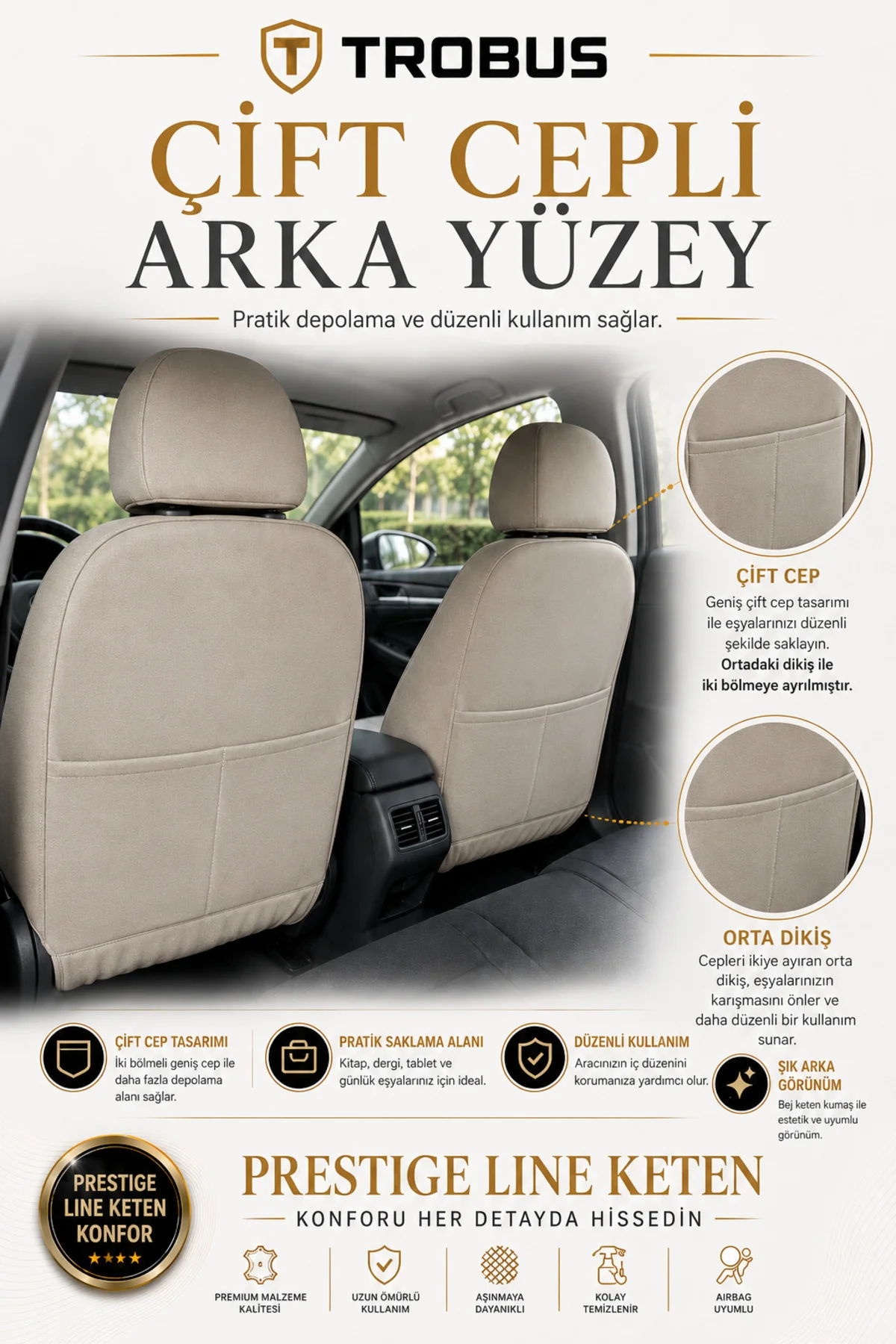 VW Jetta 2010+ Uyumlu Prestige Line Keten Serisi Bej Koltuk Kılıfı