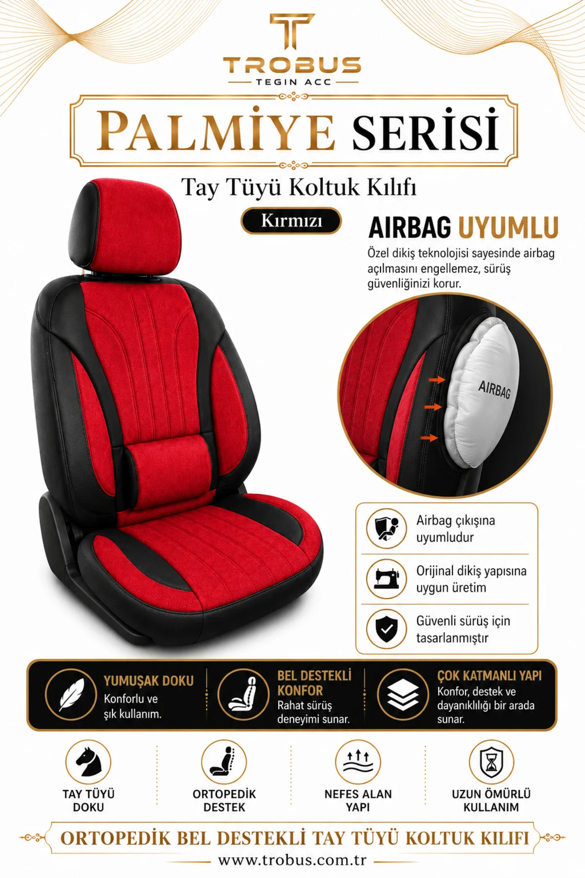 VW Passat B6 2005-2011 Uyumlu Palmiye Serisi Kırmızı Siyah Bel Destekli Tay Tüyü Koltuk Kılıfı