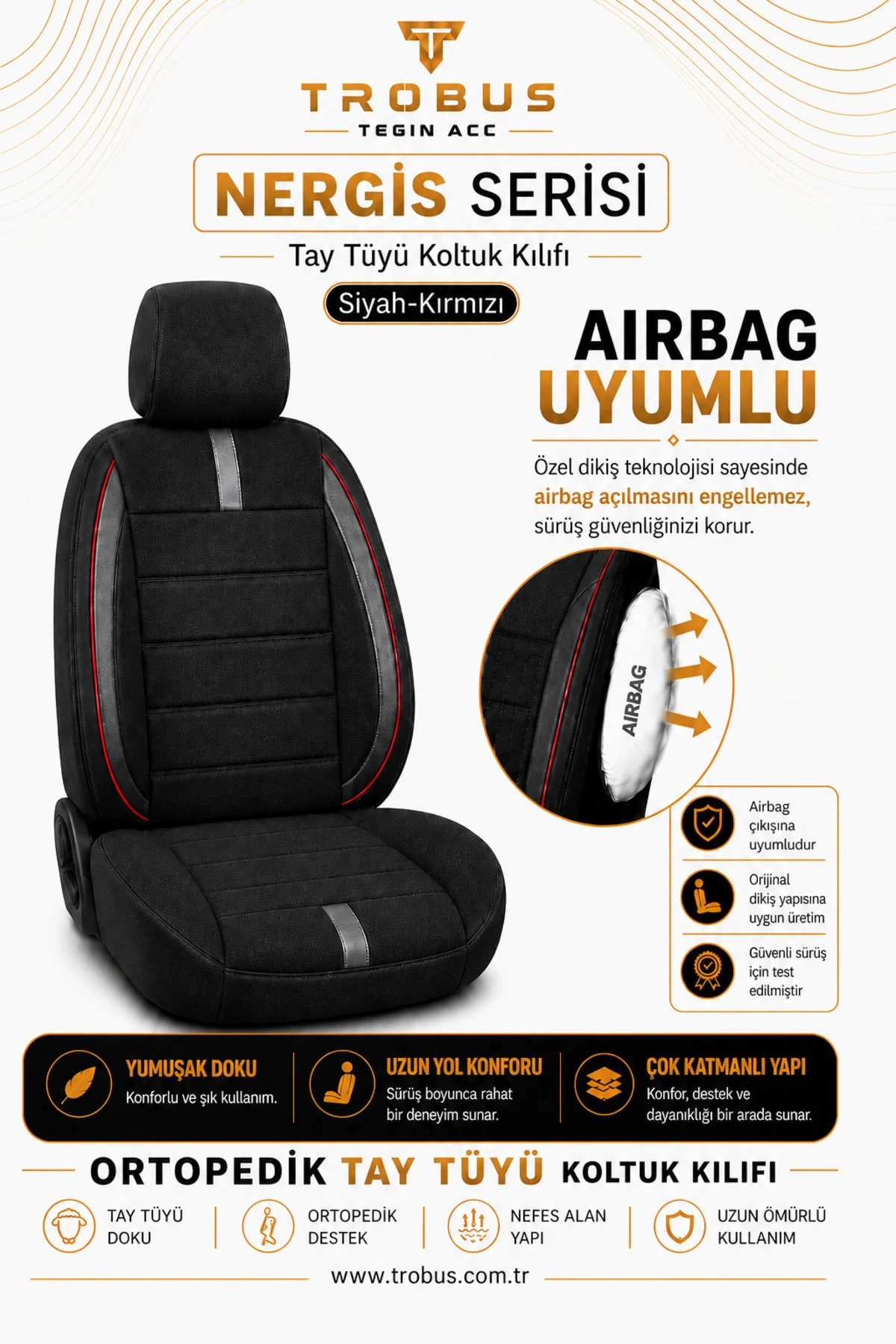 VW Passat B6 2005-2011 Uyumlu Nergis Siyah Ortopedik Tay Tüyü Koltuk Kılıfı