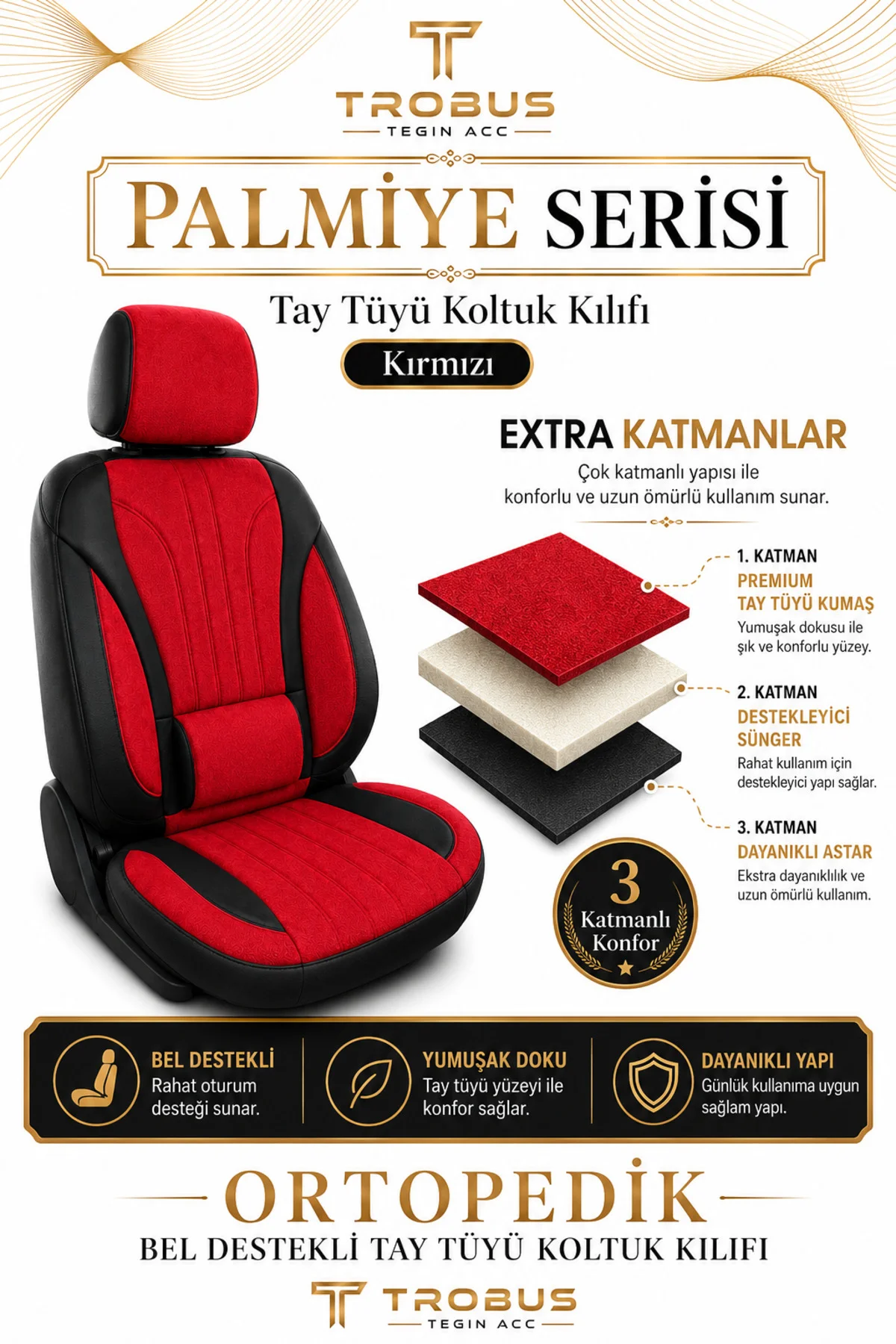 VW Passat B6 2005-2011 Uyumlu Palmiye Serisi Kırmızı Siyah Bel Destekli Tay Tüyü Koltuk Kılıfı