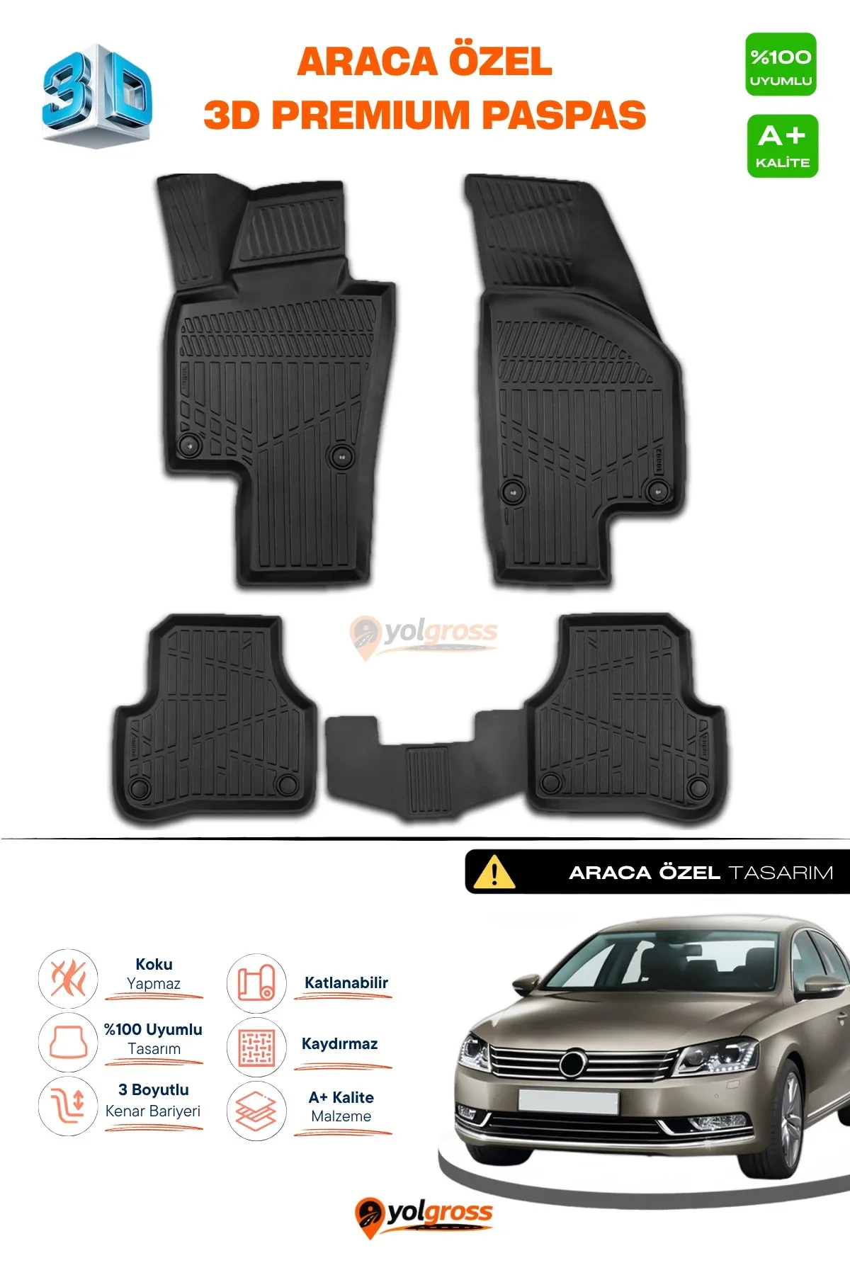 VW Passat B7 3D Pro Havuzlu Paspas 2010-2014 A+ Kalite